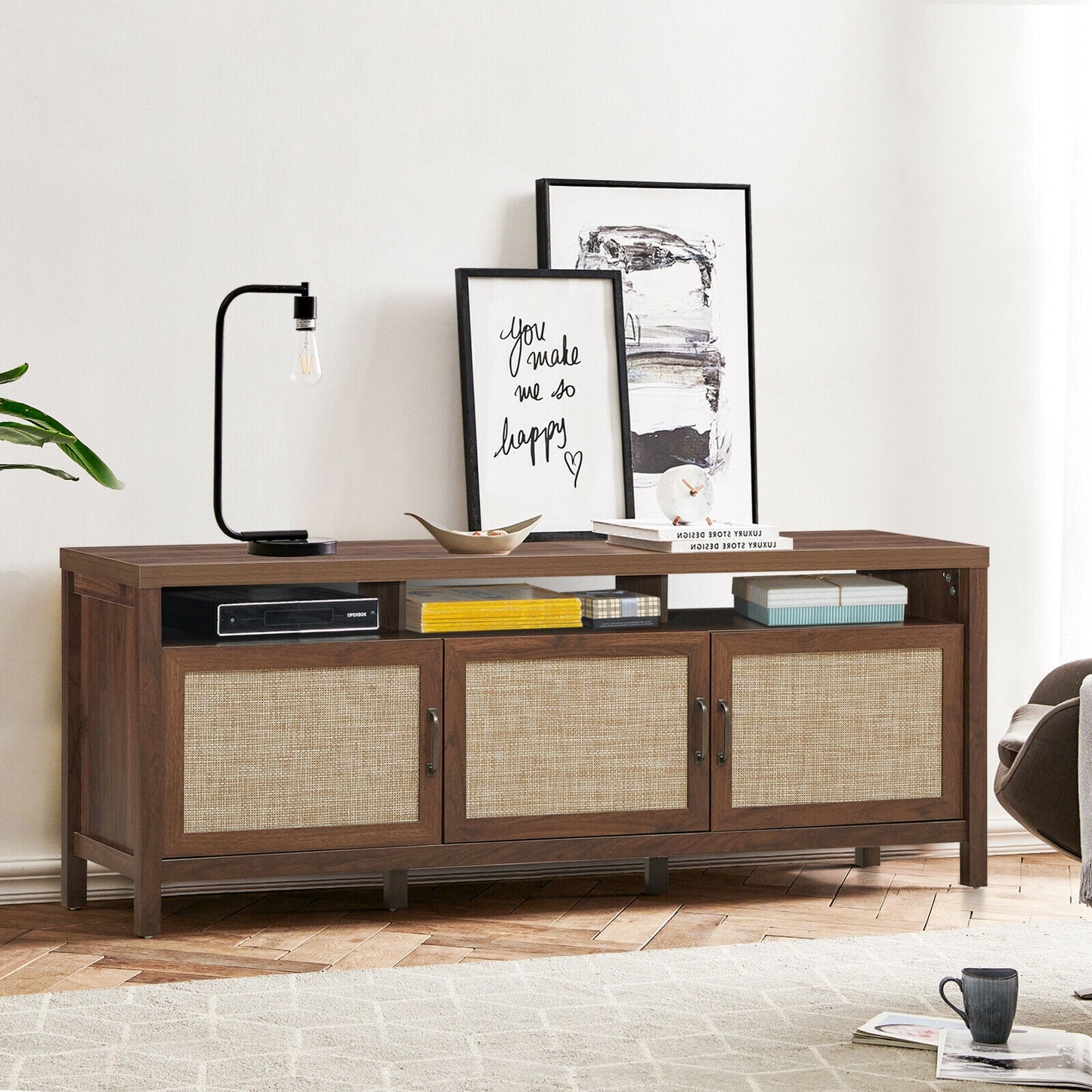 Modern TV Cabinet with Rattan Doors and Open Shelf for Flat Screen TVs up to 65 Inches - Walnut
