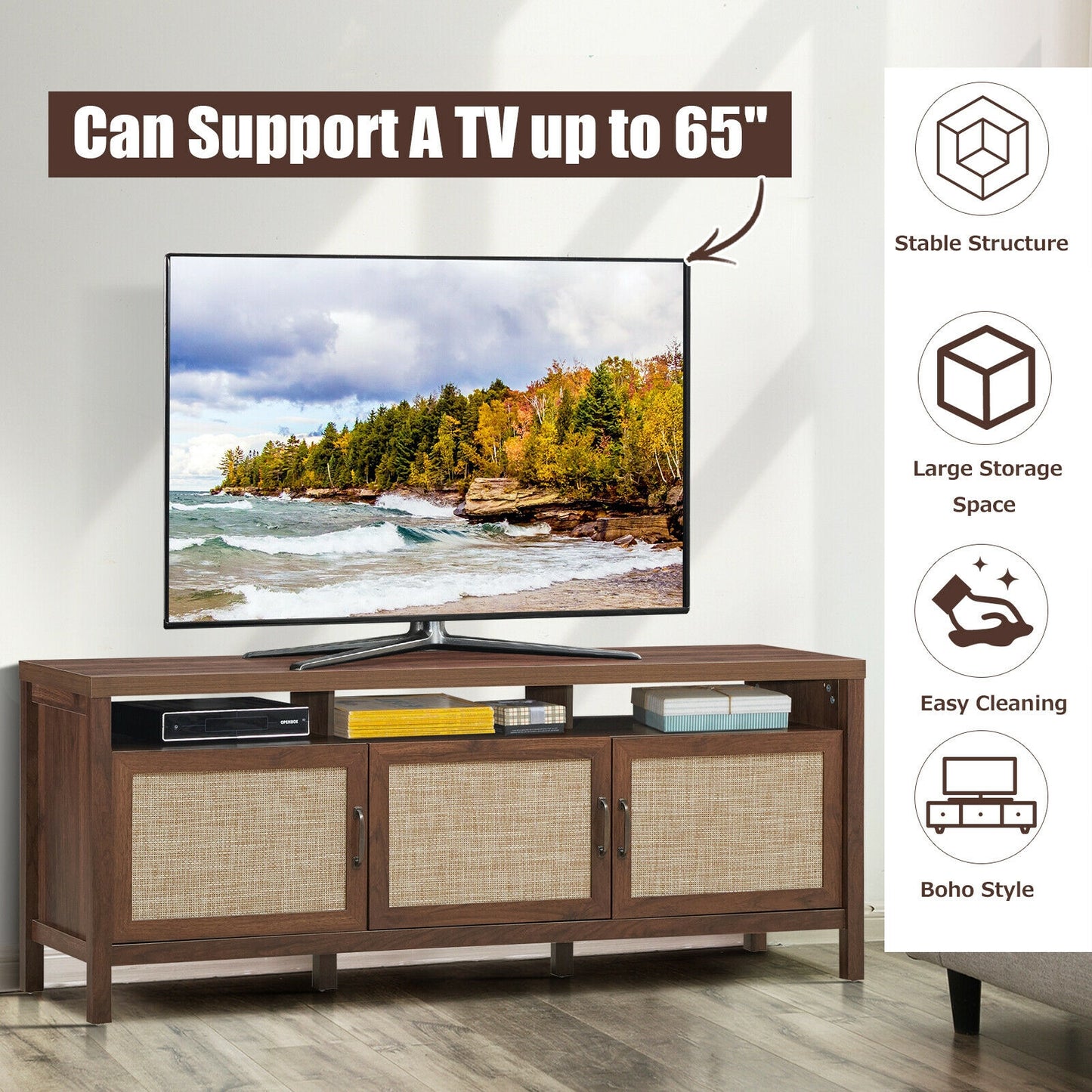 Modern TV Cabinet with Rattan Doors and Open Shelf for Flat Screen TVs up to 65 Inches - Walnut