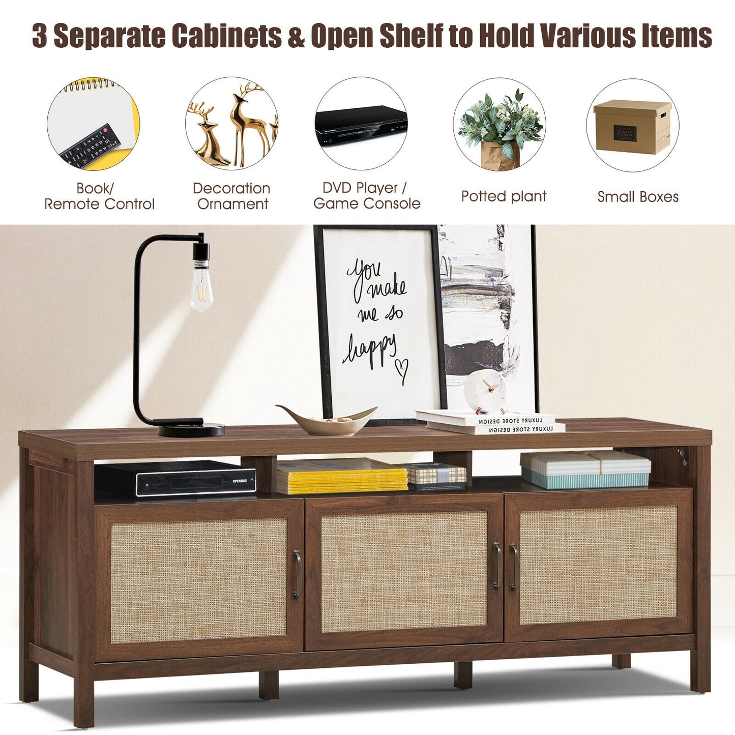 Modern TV Cabinet with Rattan Doors and Open Shelf for Flat Screen TVs up to 65 Inches - Walnut