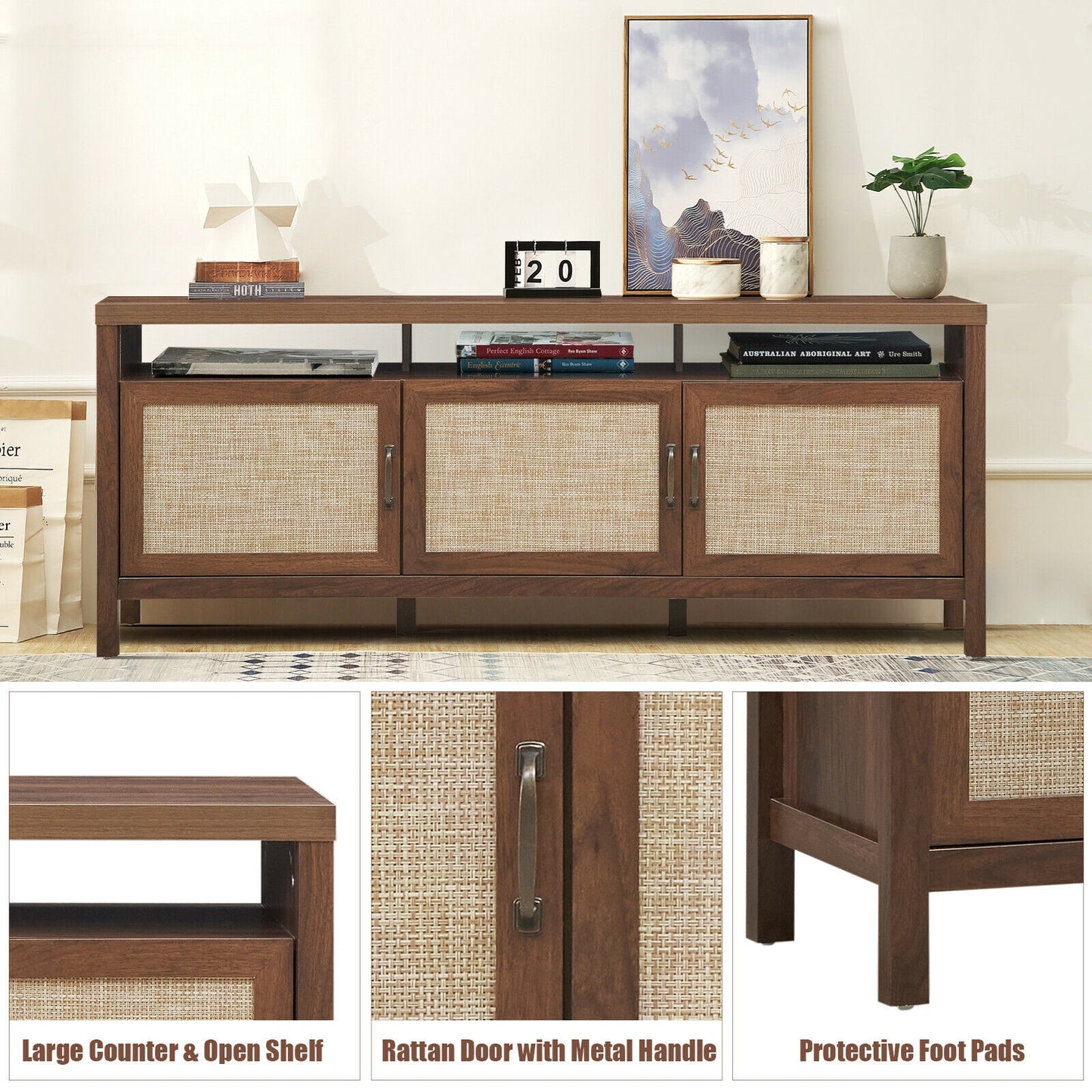 Modern TV Cabinet with Rattan Doors and Open Shelf for Flat Screen TVs up to 65 Inches - Walnut