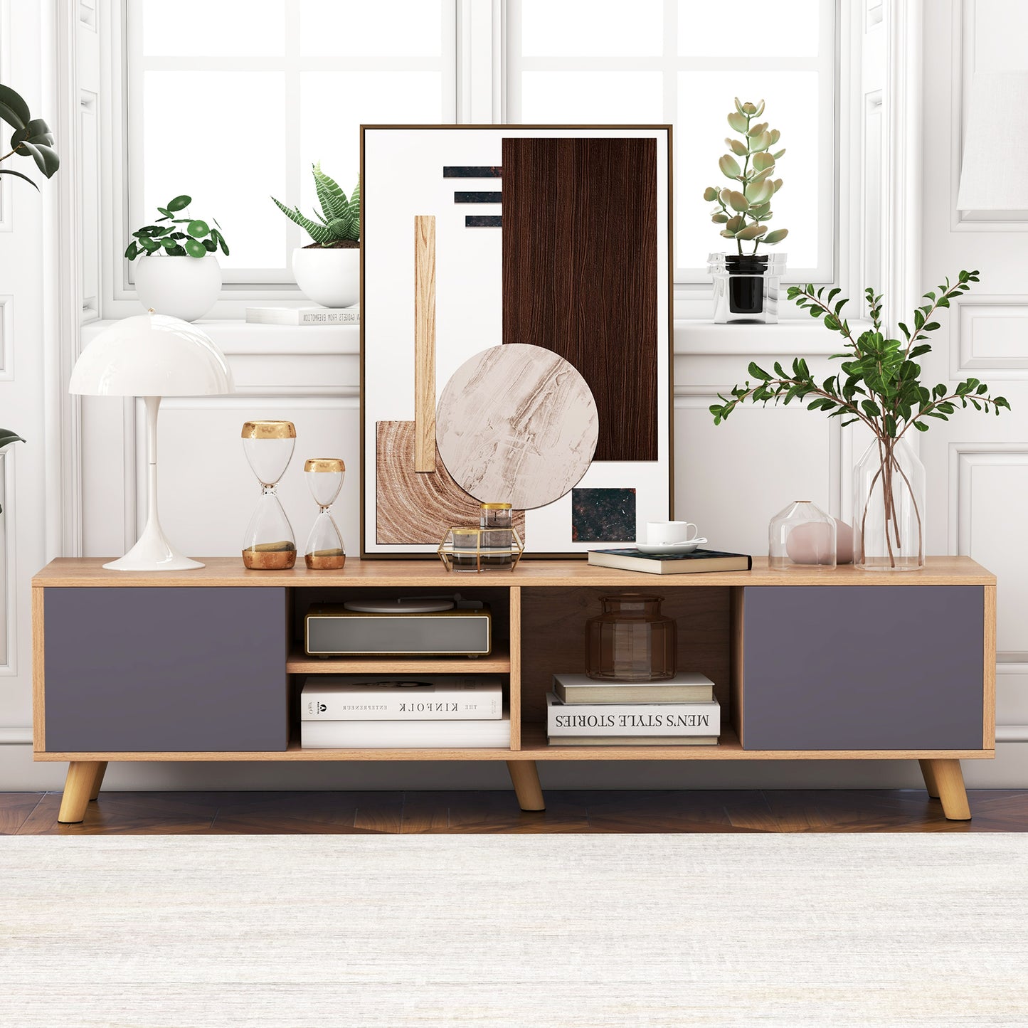 Living Room TV Stand with Open Display and Cabinets for TVs up to 65 Inches