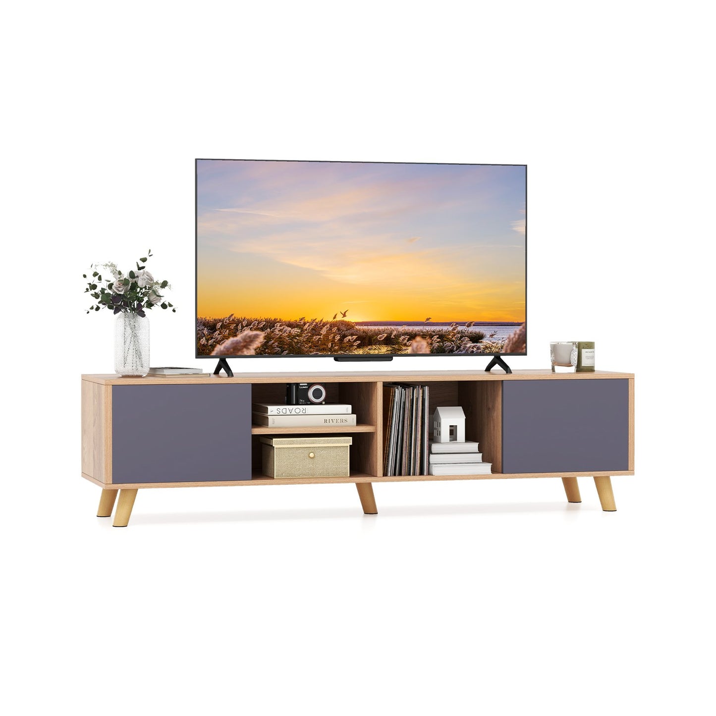 Living Room TV Stand with Open Display and Cabinets for TVs up to 65 Inches