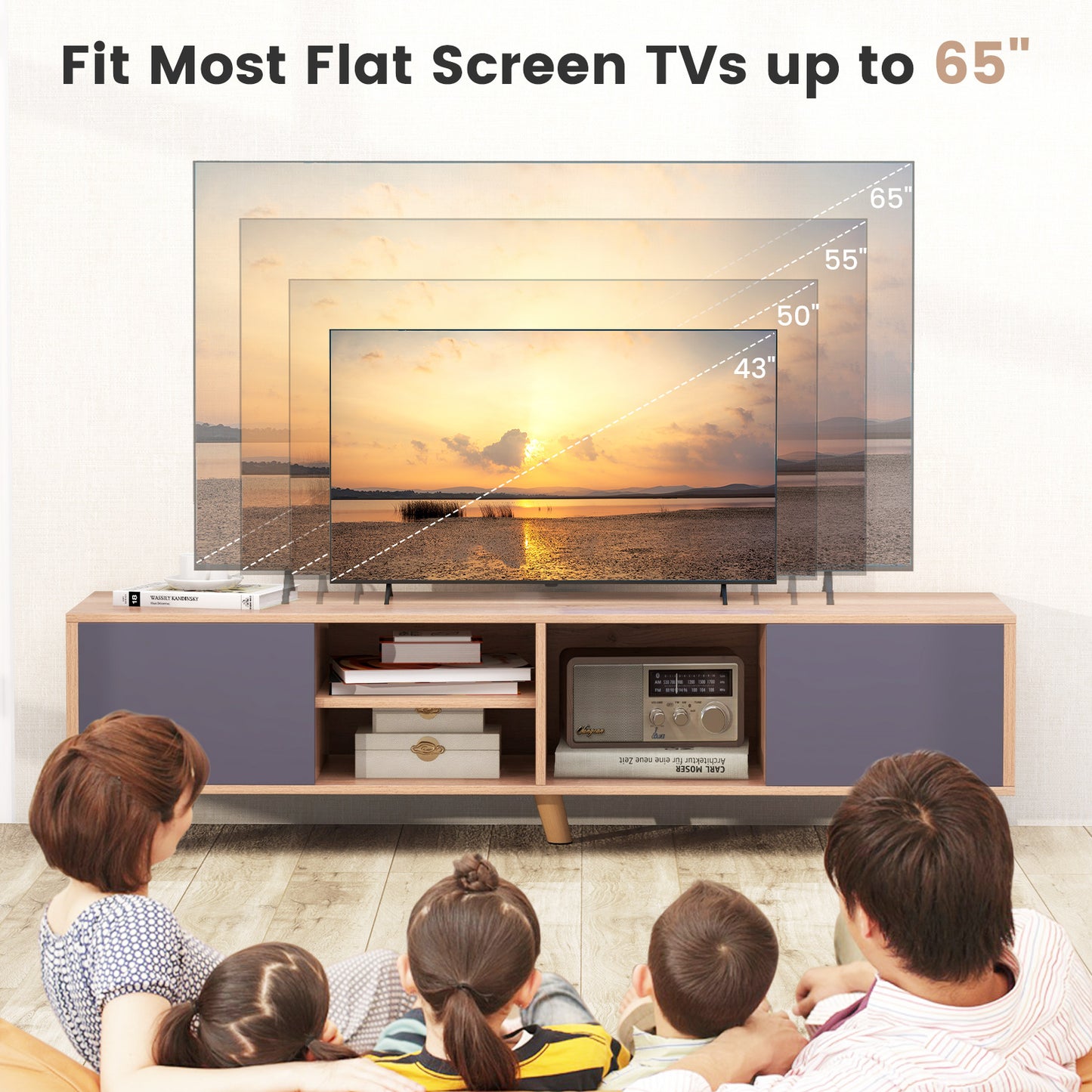 Living Room TV Stand with Open Display and Cabinets for TVs up to 65 Inches
