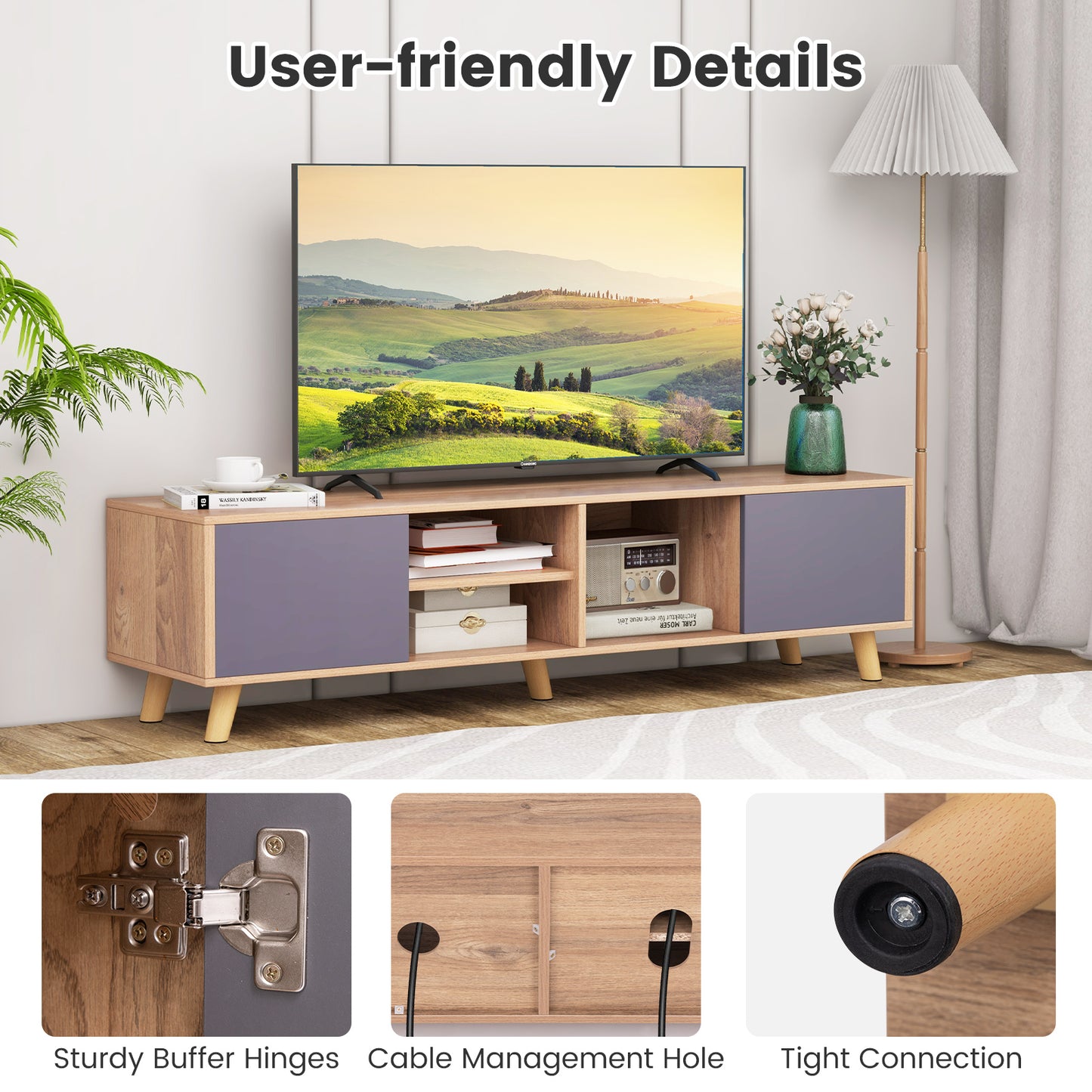 Living Room TV Stand with Open Display and Cabinets for TVs up to 65 Inches