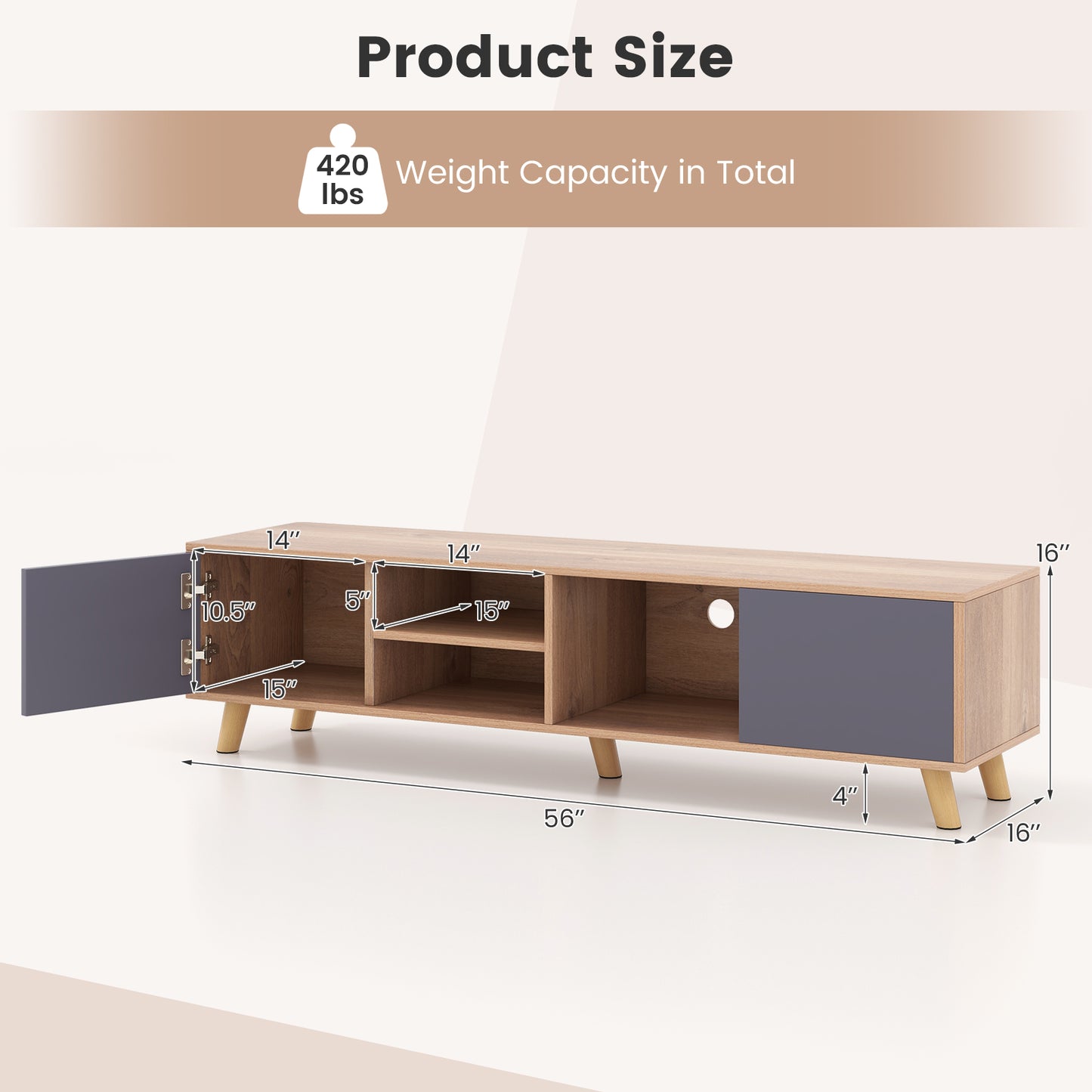 Living Room TV Stand with Open Display and Cabinets for TVs up to 65 Inches