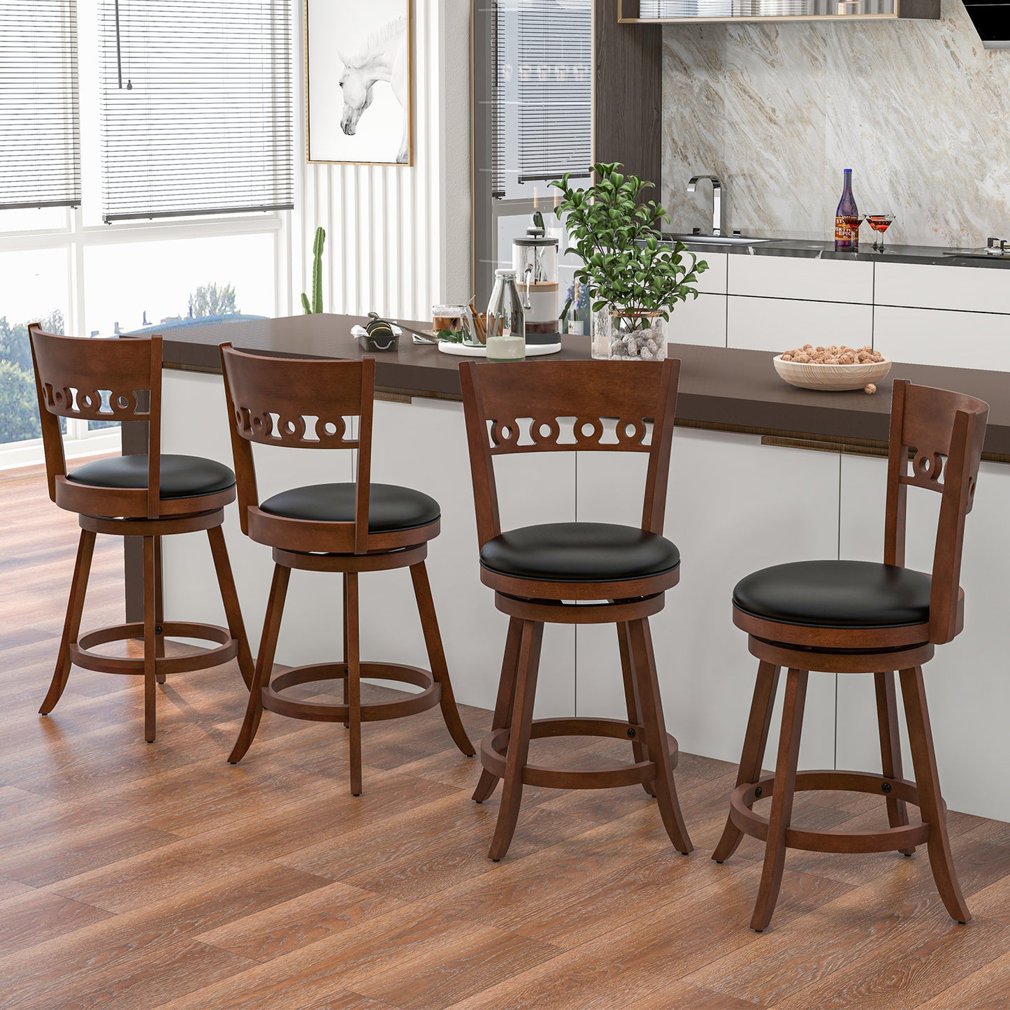 Swivel Bar Stools Set of 2 with Rubber Wood Frame and 24.5 Inch Seat Height