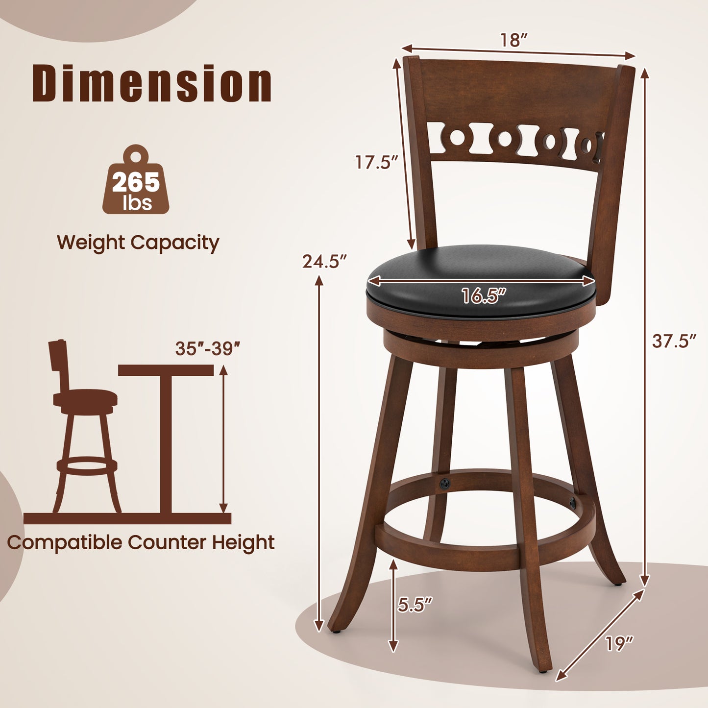Swivel Bar Stools Set of 2 with Rubber Wood Frame and 24.5 Inch Seat Height