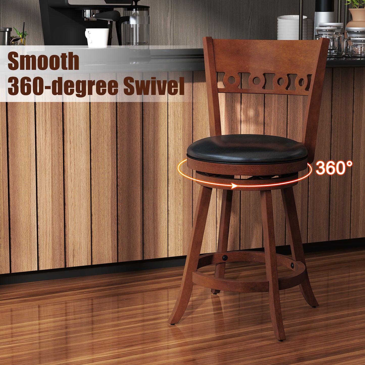 Swivel Bar Stools Set of 2 with Rubber Wood Frame and 24.5 Inch Seat Height