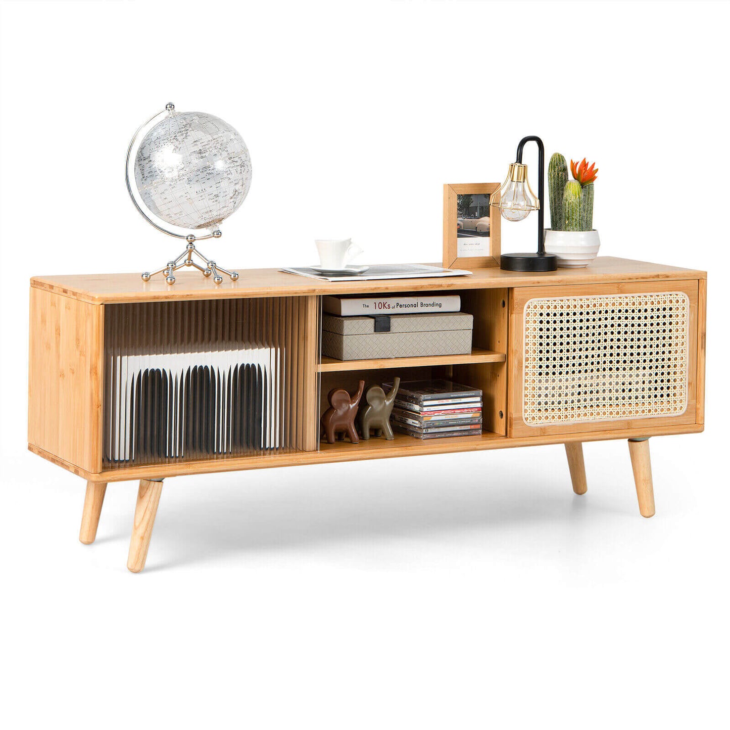 Modern TV Stand with Rattan and Corrugated Glass Sliding Doors for TVs up to 55 Inches - Natural