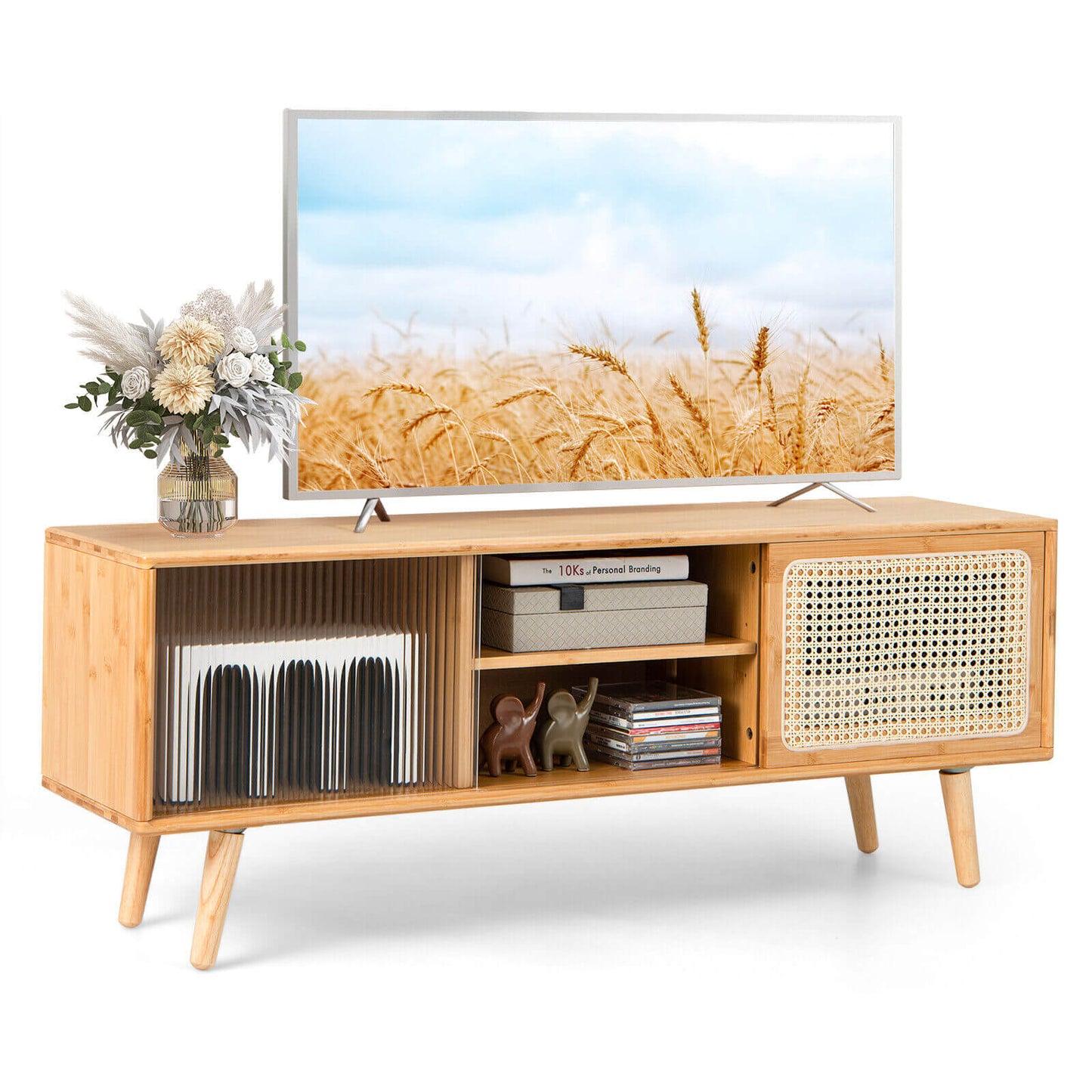 Modern TV Stand with Rattan and Corrugated Glass Sliding Doors for TVs up to 55 Inches - Natural