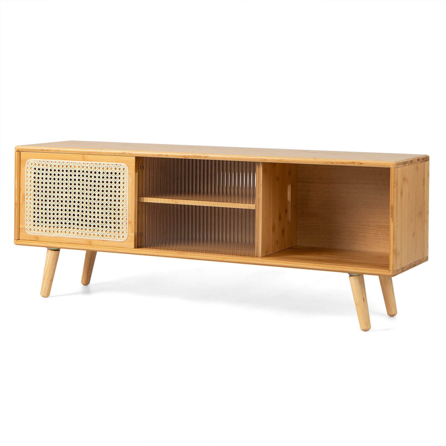 Modern TV Stand with Rattan and Corrugated Glass Sliding Doors for TVs up to 55 Inches - Natural