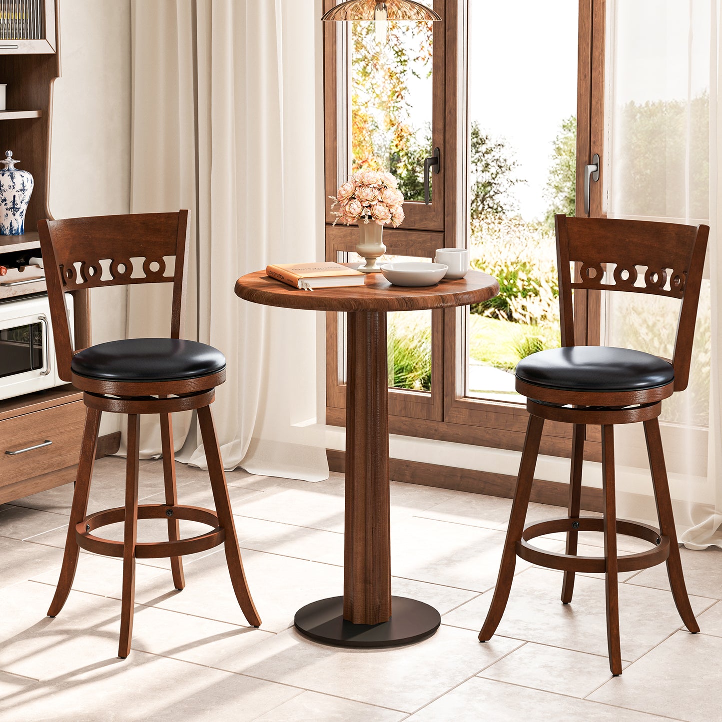 Swivel Bar Stools Set of 2 with Rubber Wood Frame and 30.5 Inch Seat Height