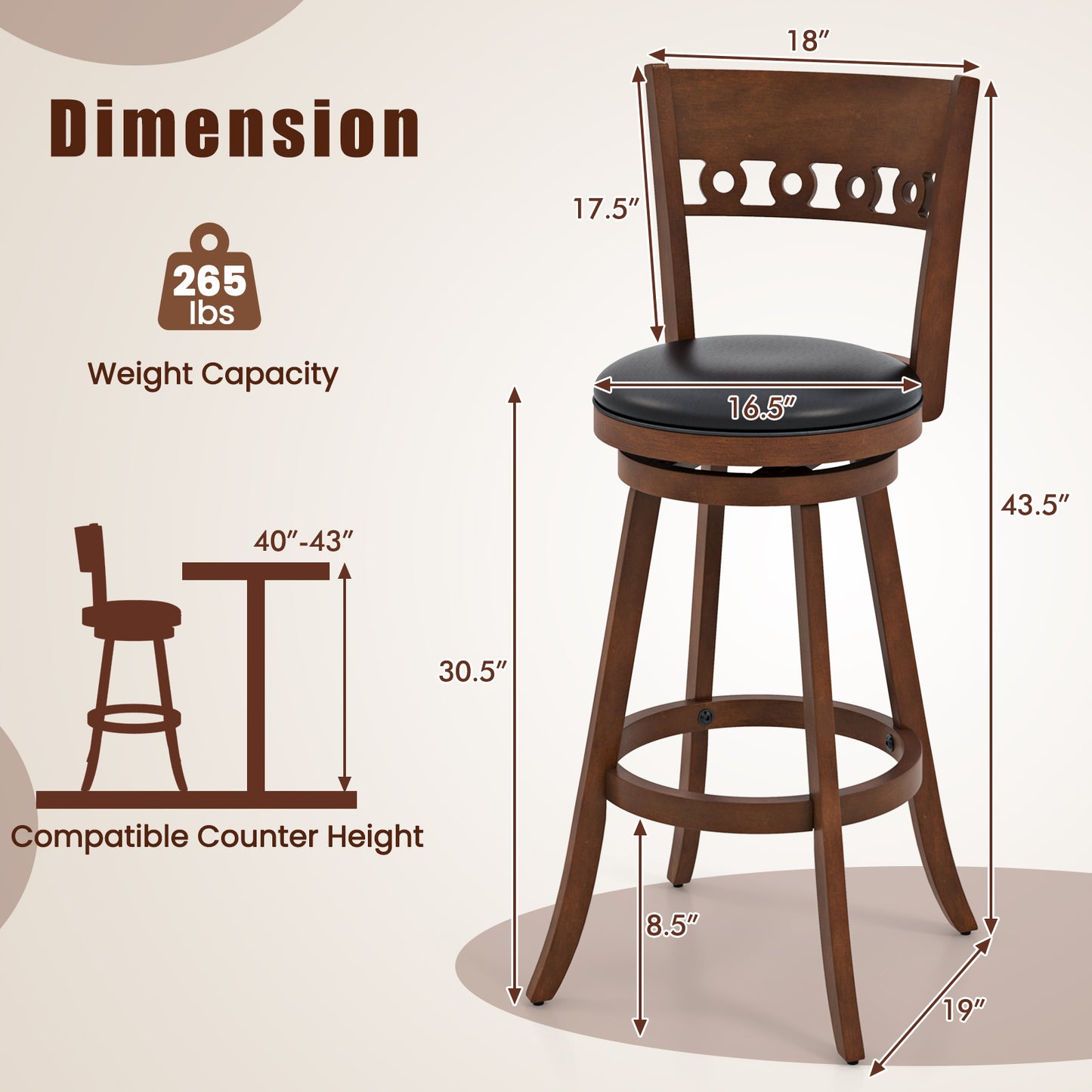 Swivel Bar Stools Set of 2 with Rubber Wood Frame and 30.5 Inch Seat Height