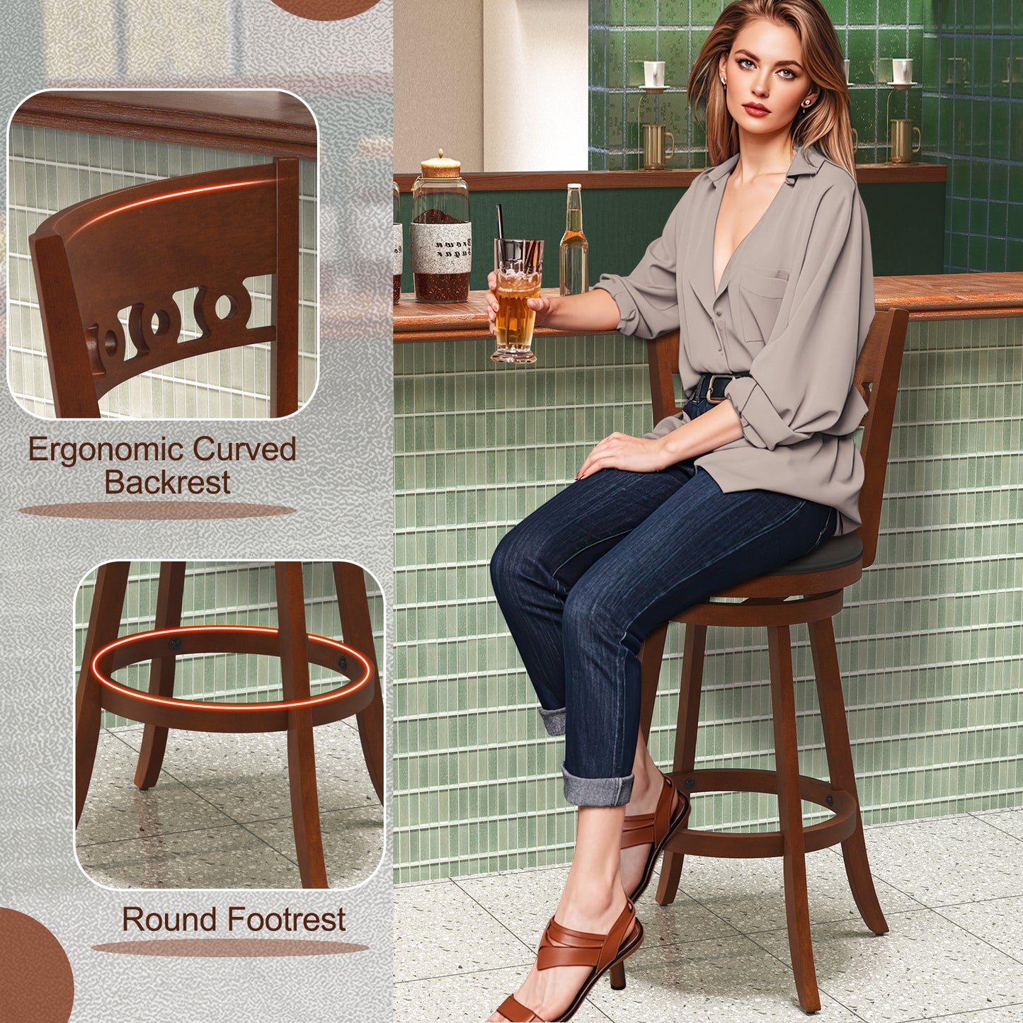 Swivel Bar Stools Set of 2 with Rubber Wood Frame and 30.5 Inch Seat Height