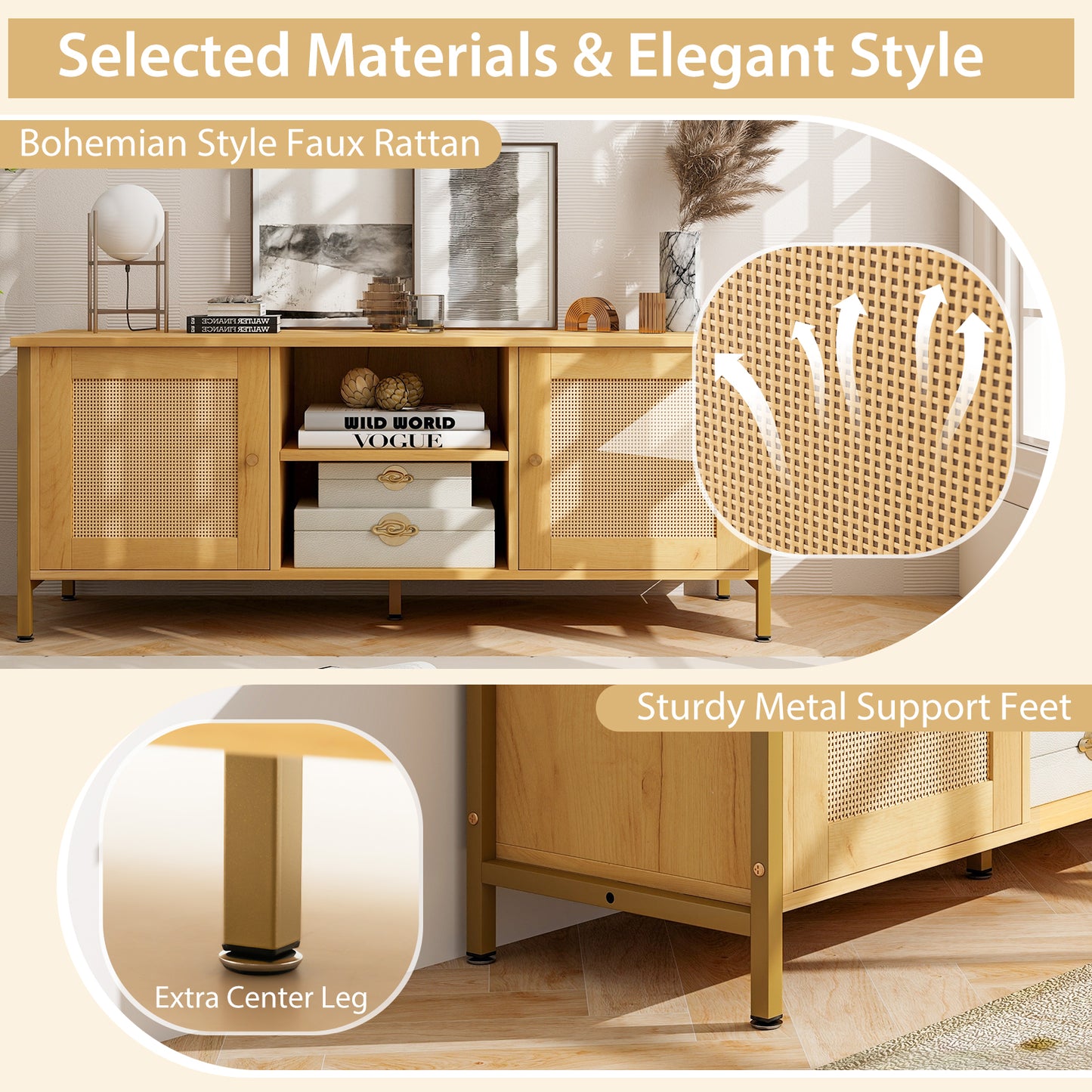 Boho TV Stand with Faux Rattan Doors and Storage Cabinets for TVs up to 55 Inches