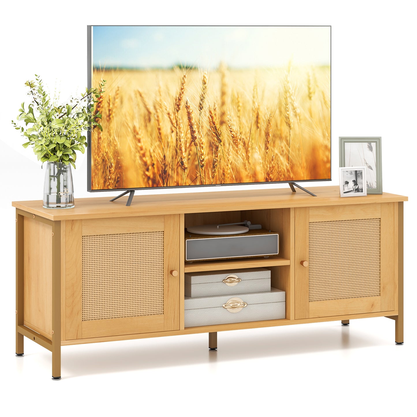 Boho TV Stand with Faux Rattan Doors and Storage Cabinets for TVs up to 55 Inches