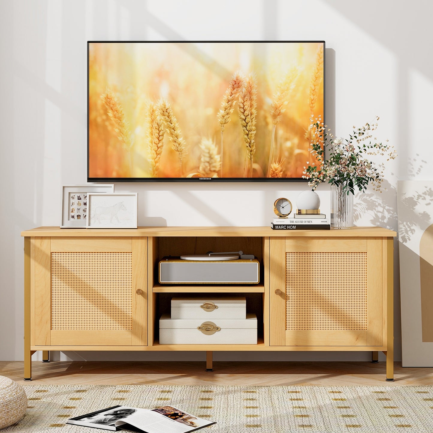 Boho TV Stand with Faux Rattan Doors and Storage Cabinets for TVs up to 55 Inches