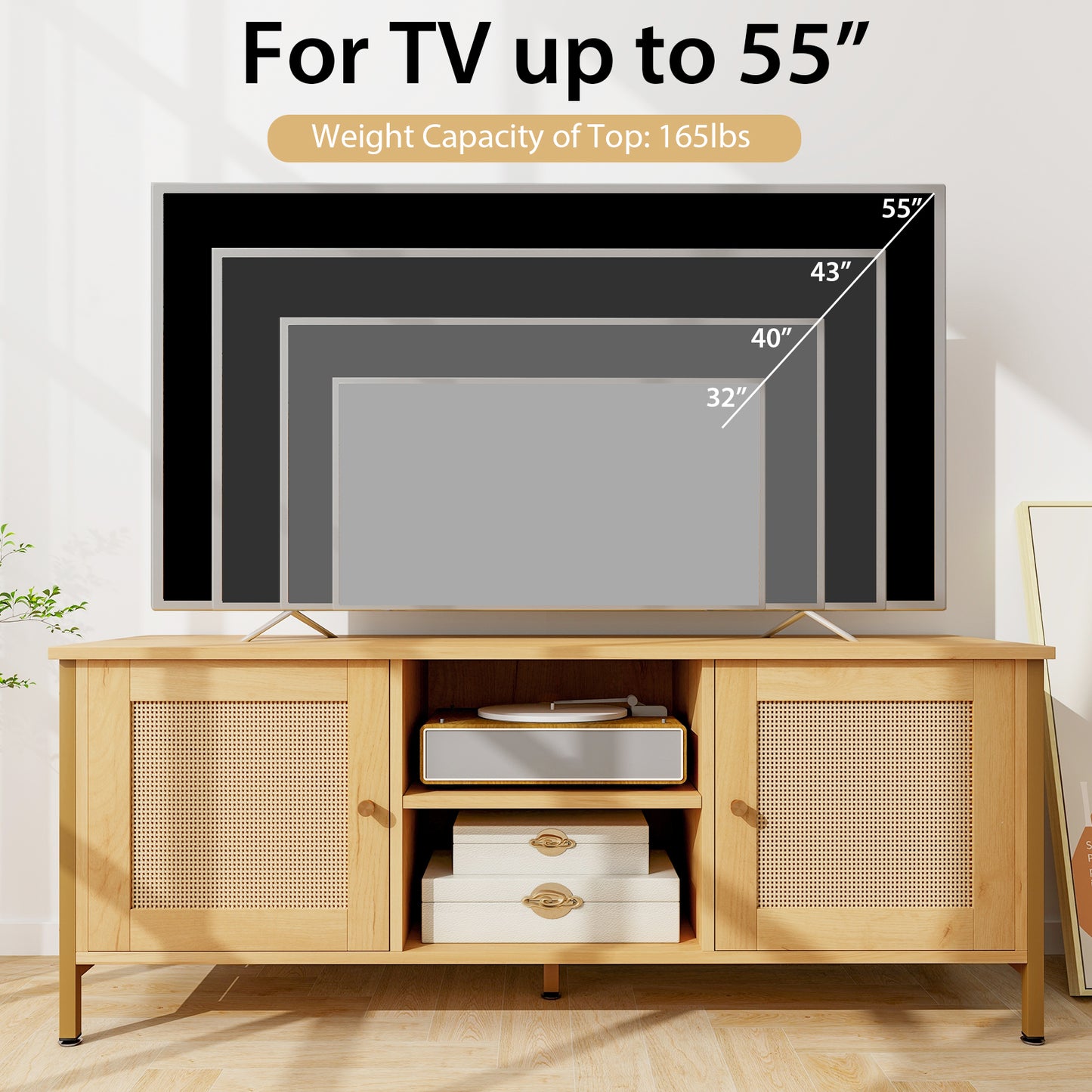 Boho TV Stand with Faux Rattan Doors and Storage Cabinets for TVs up to 55 Inches