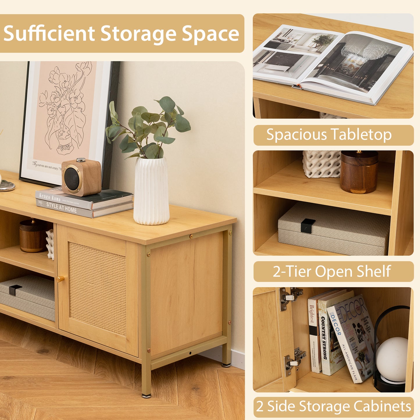 Boho TV Stand with Faux Rattan Doors and Storage Cabinets for TVs up to 55 Inches