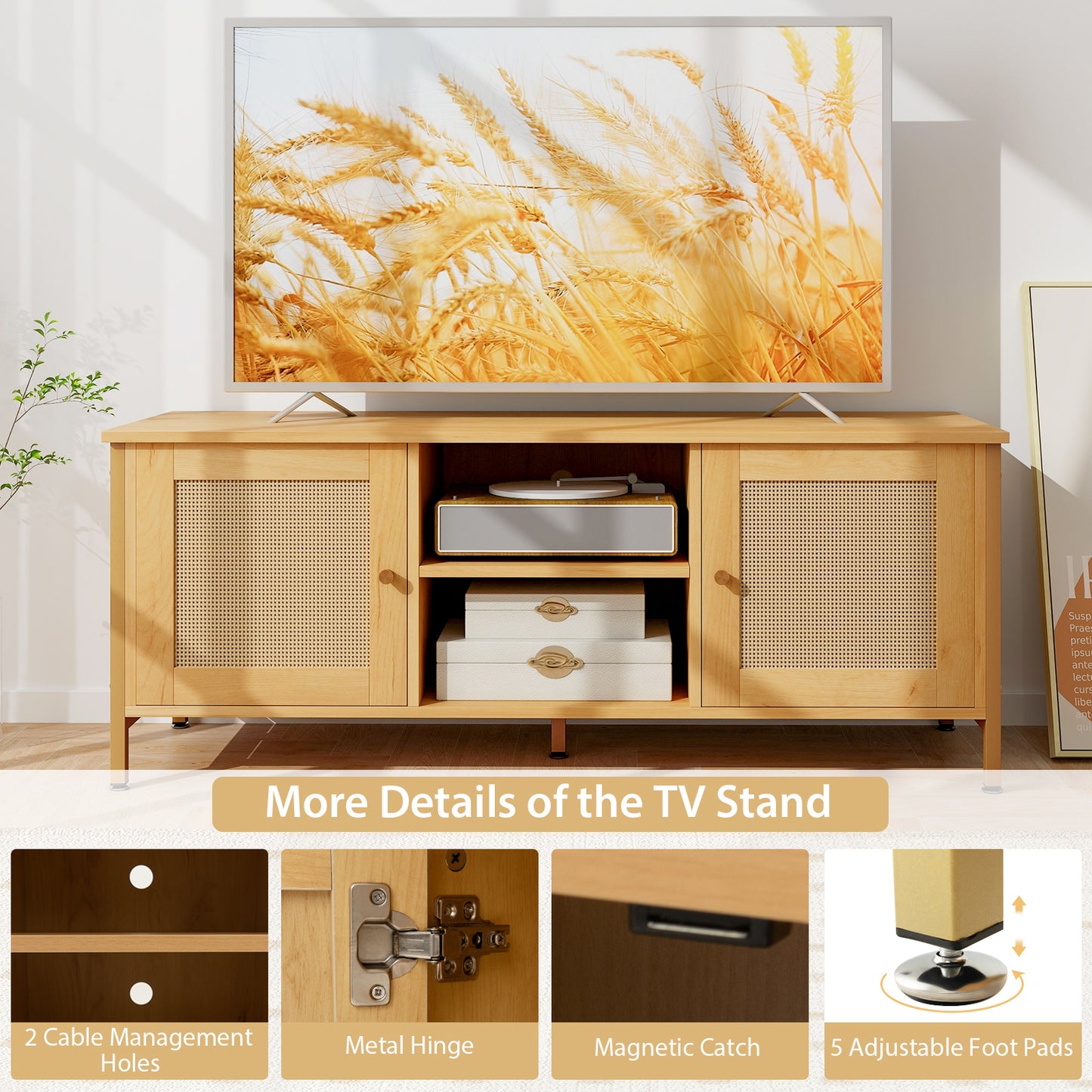 Boho TV Stand with Faux Rattan Doors and Storage Cabinets for TVs up to 55 Inches