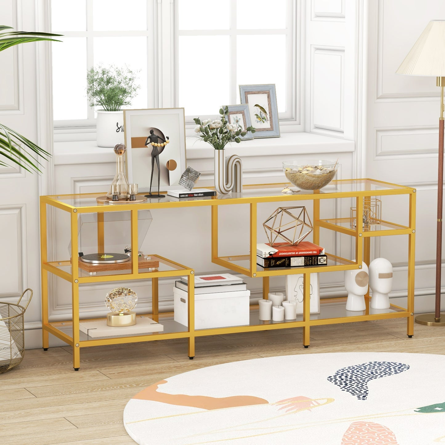 Modern 58 Inch Glass TV Console Table with Open Shelves for TVs up to 65 Inches