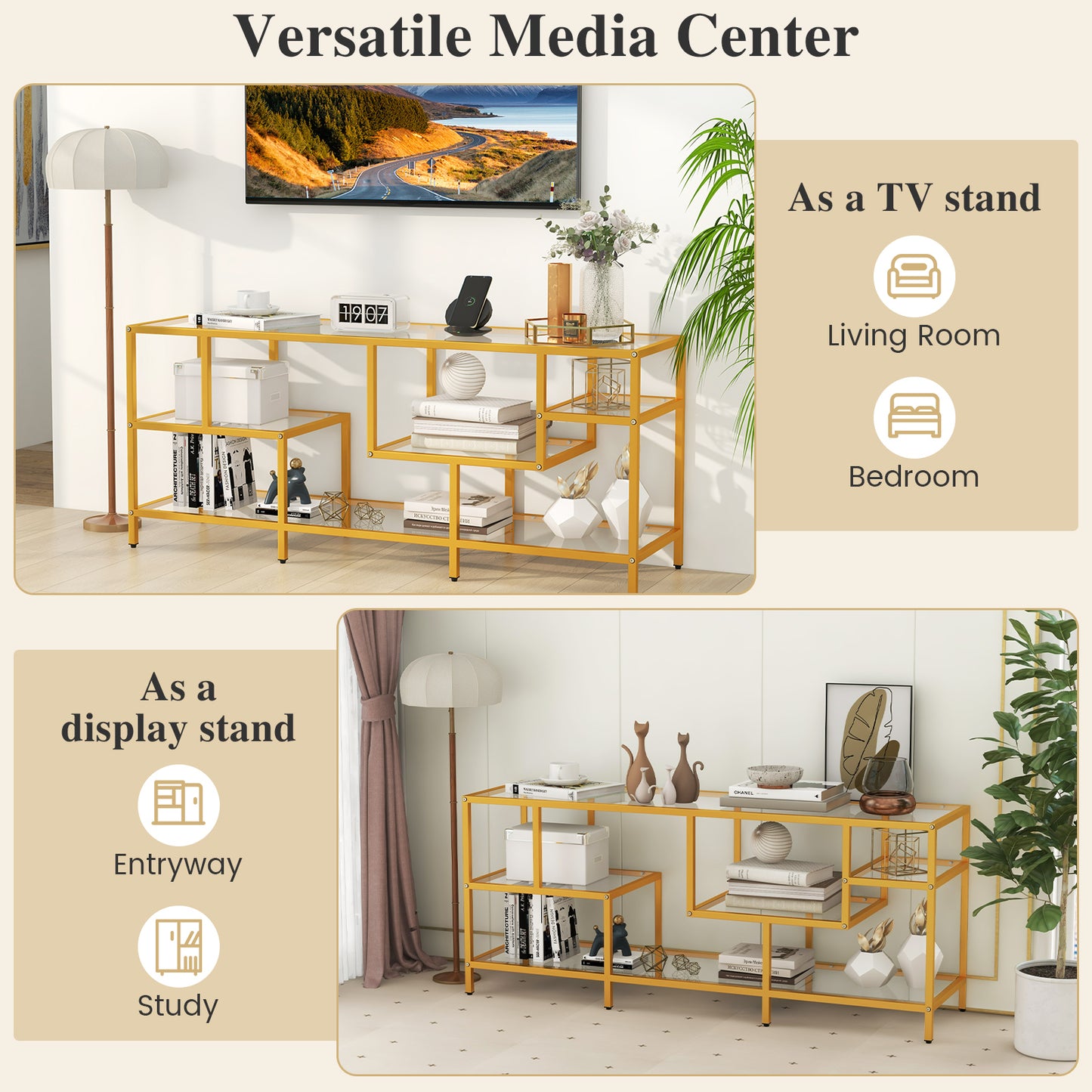 Modern 58 Inch Glass TV Console Table with Open Shelves for TVs up to 65 Inches