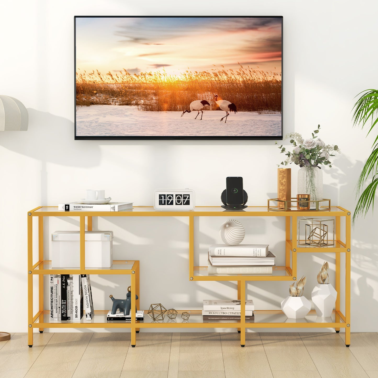 Modern 58 Inch Glass TV Console Table with Open Shelves for TVs up to 65 Inches