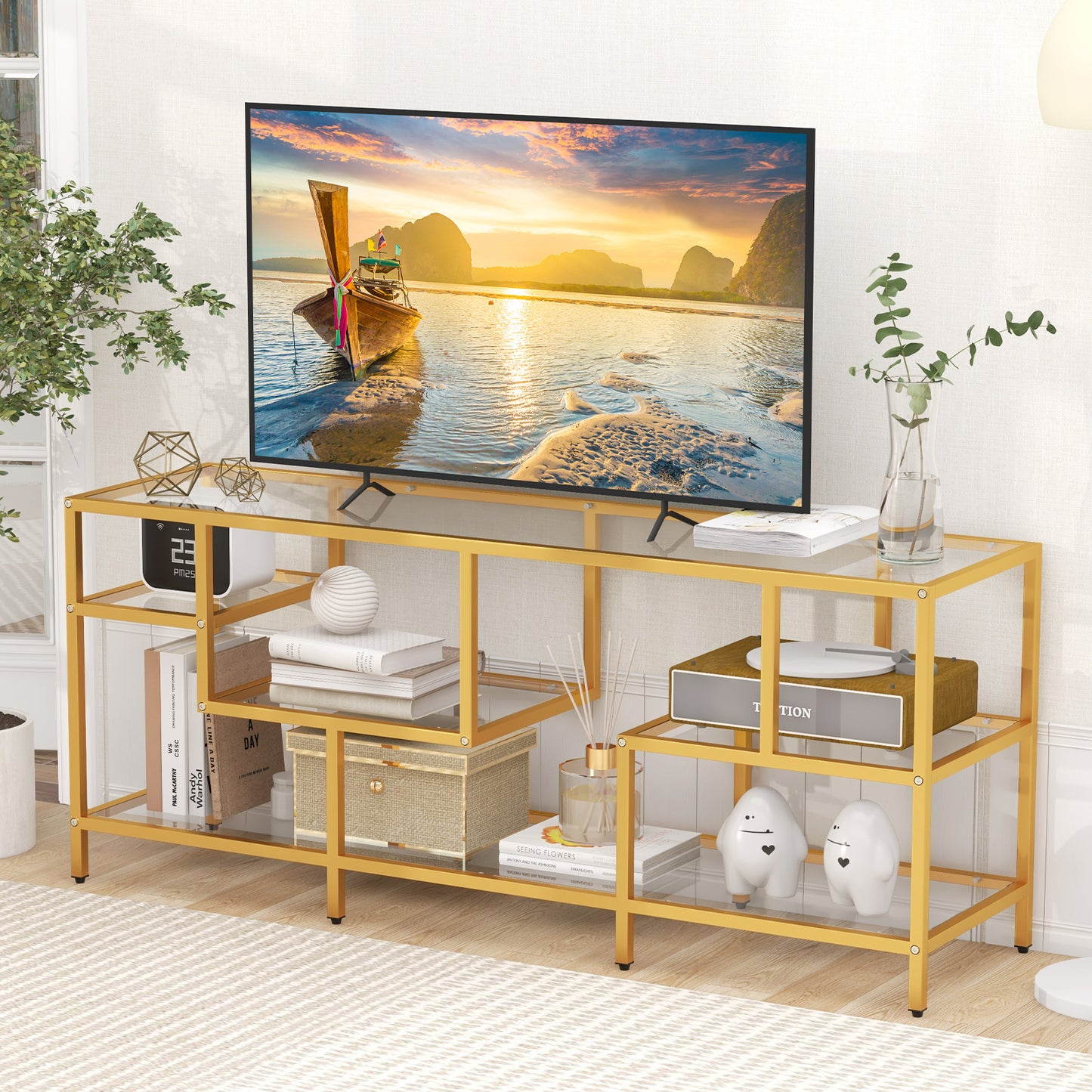 Modern 58 Inch Glass TV Console Table with Open Shelves for TVs up to 65 Inches