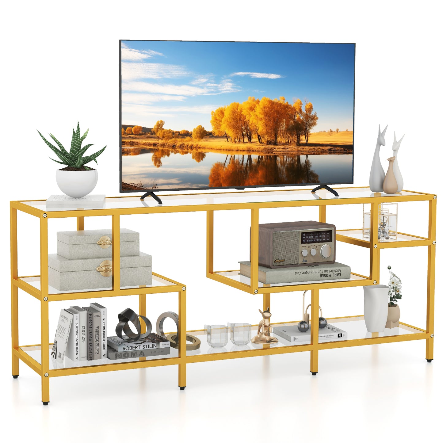 Modern 58 Inch Glass TV Console Table with Open Shelves for TVs up to 65 Inches