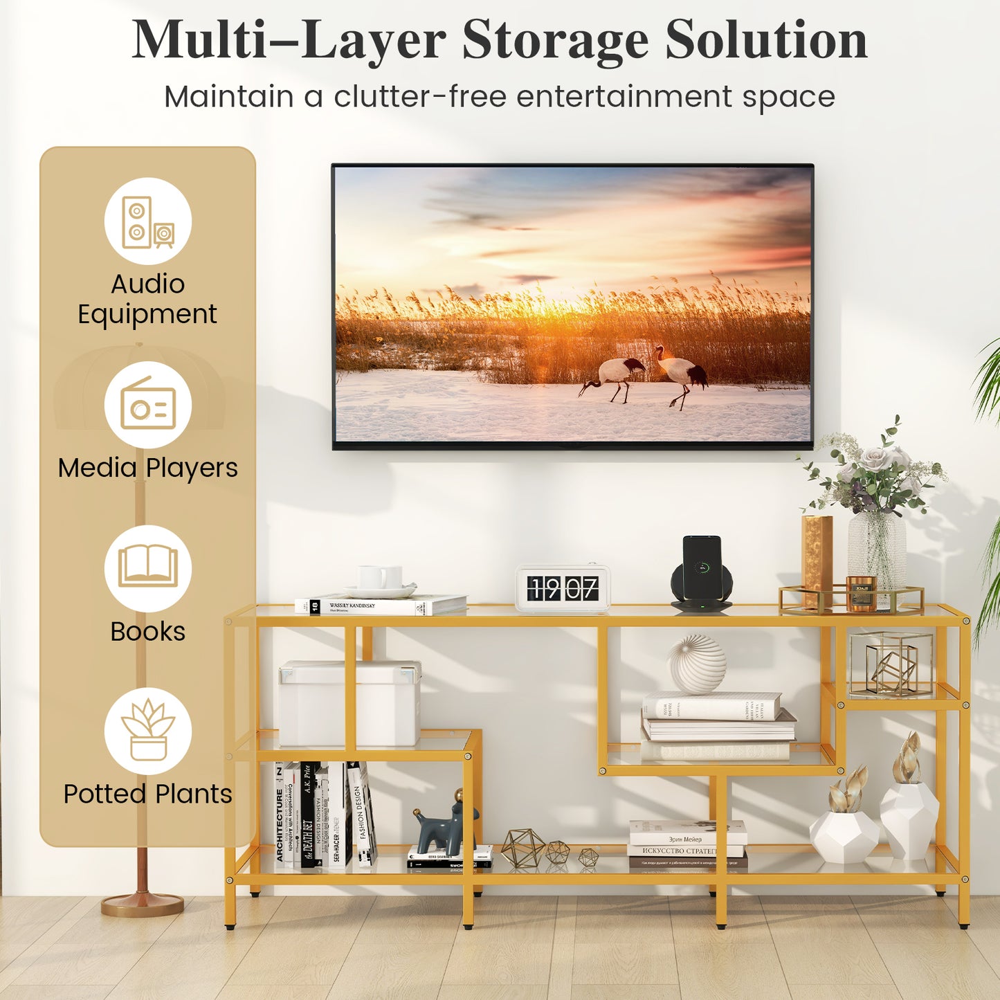 Modern 58 Inch Glass TV Console Table with Open Shelves for TVs up to 65 Inches