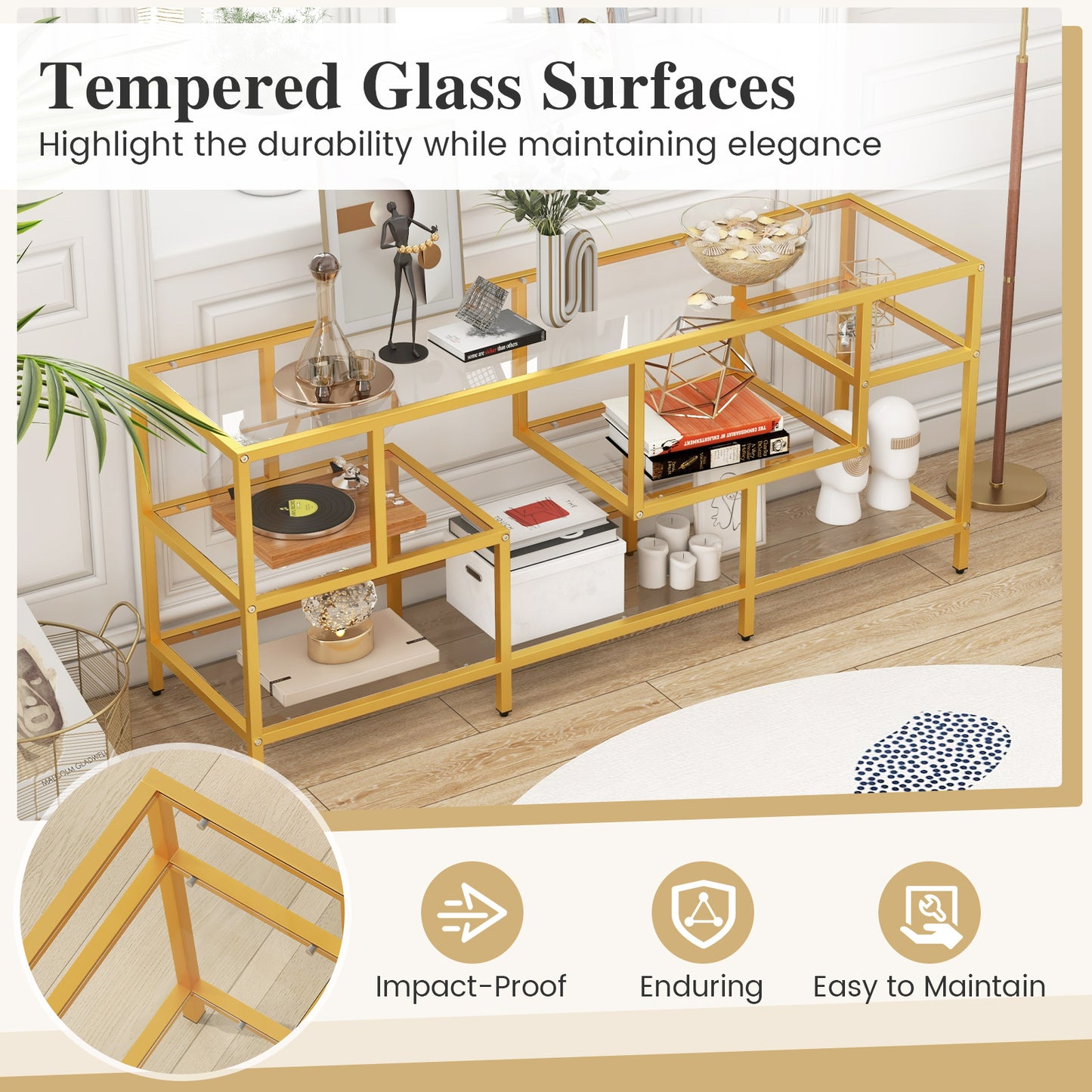 Modern 58 Inch Glass TV Console Table with Open Shelves for TVs up to 65 Inches