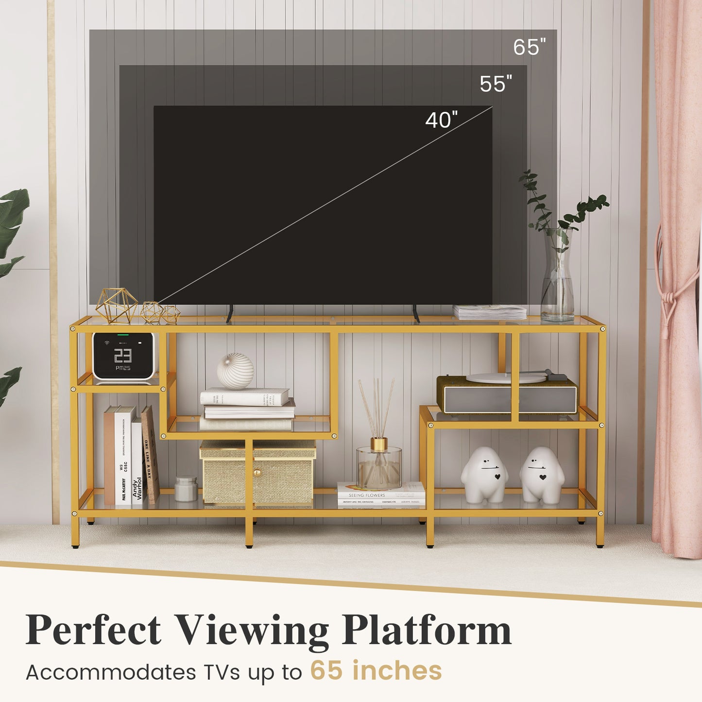 Modern 58 Inch Glass TV Console Table with Open Shelves for TVs up to 65 Inches