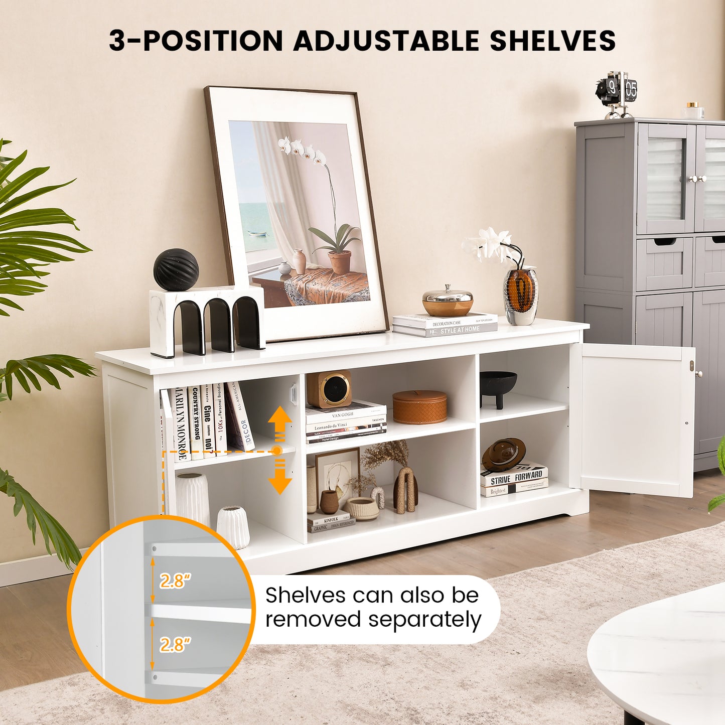 Contemporary TV Stand with Adjustable Storage and Dual Cabinets for 65 Inch TVs