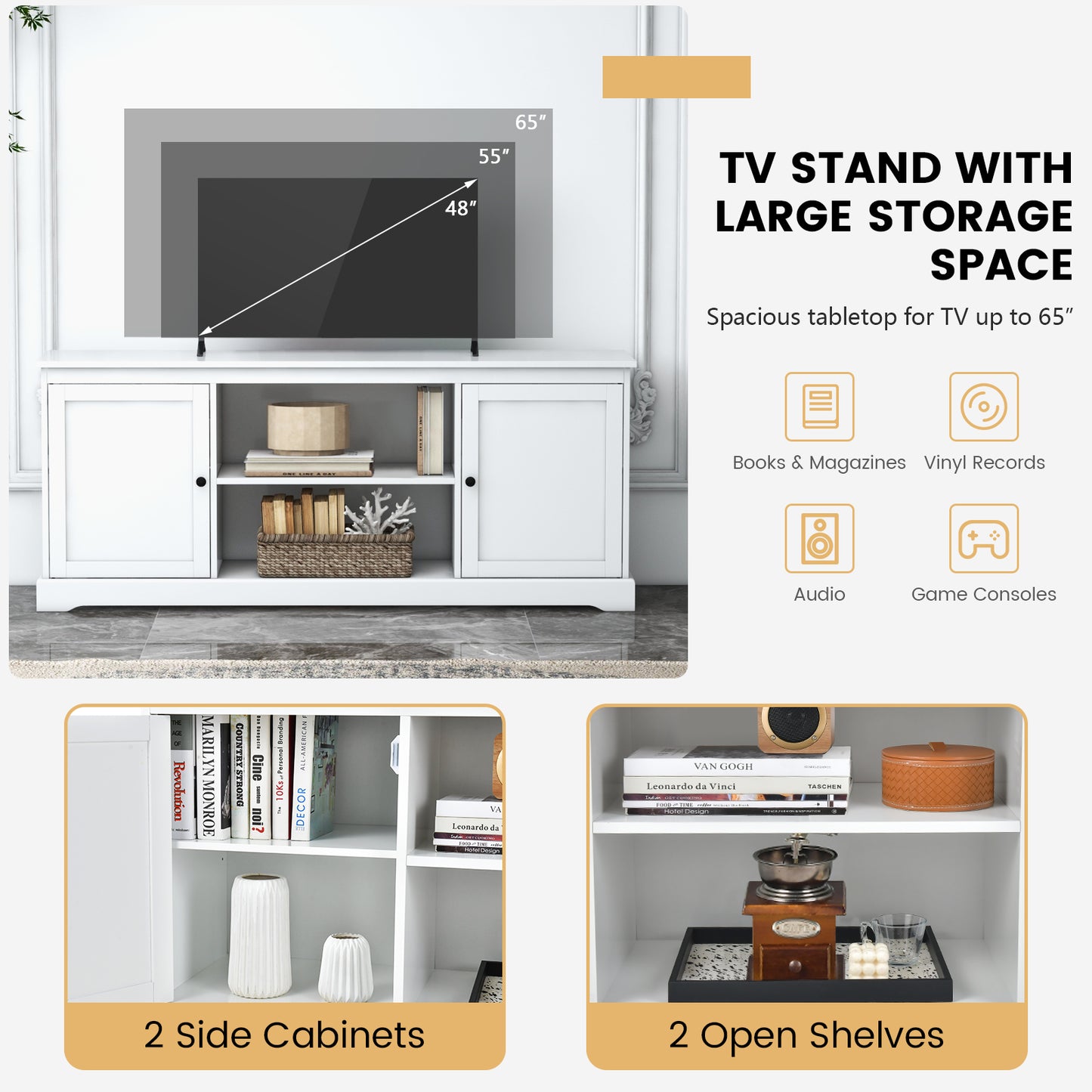 Contemporary TV Stand with Adjustable Storage and Dual Cabinets for 65 Inch TVs
