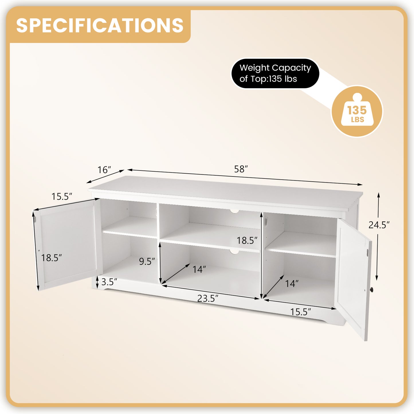 Contemporary TV Stand with Adjustable Storage and Dual Cabinets for 65 Inch TVs