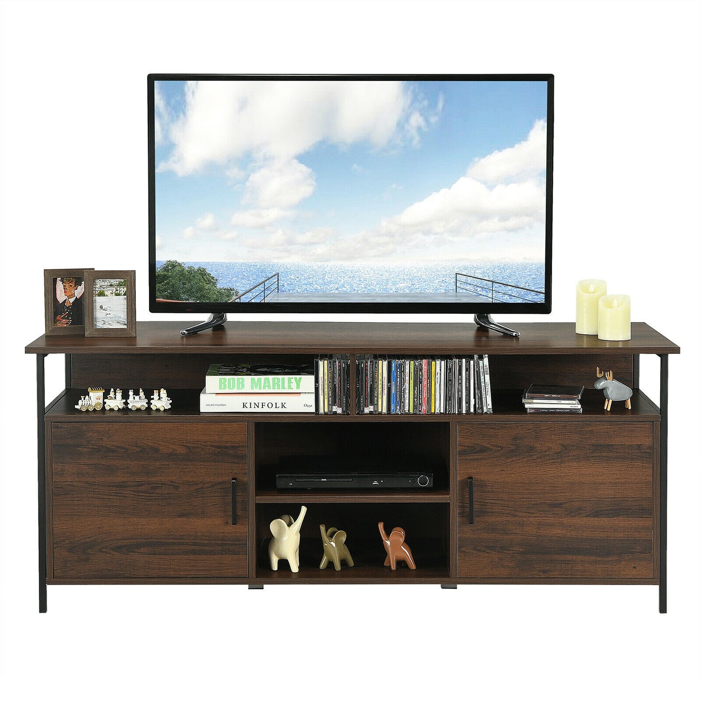 Mid-Century 58 Inch TV Console with Cabinets and Adjustable Storage for TVs up to 65 Inch