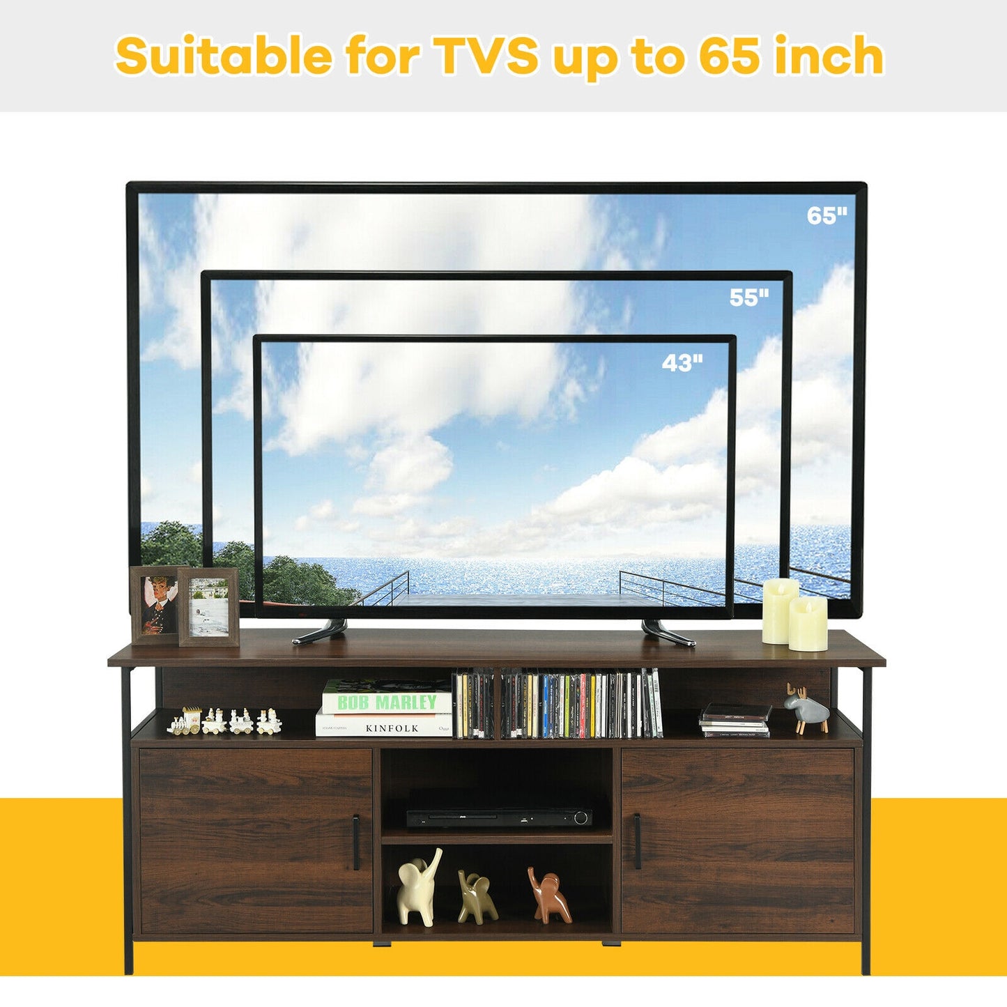 Mid-Century 58 Inch TV Console with Cabinets and Adjustable Storage for TVs up to 65 Inch