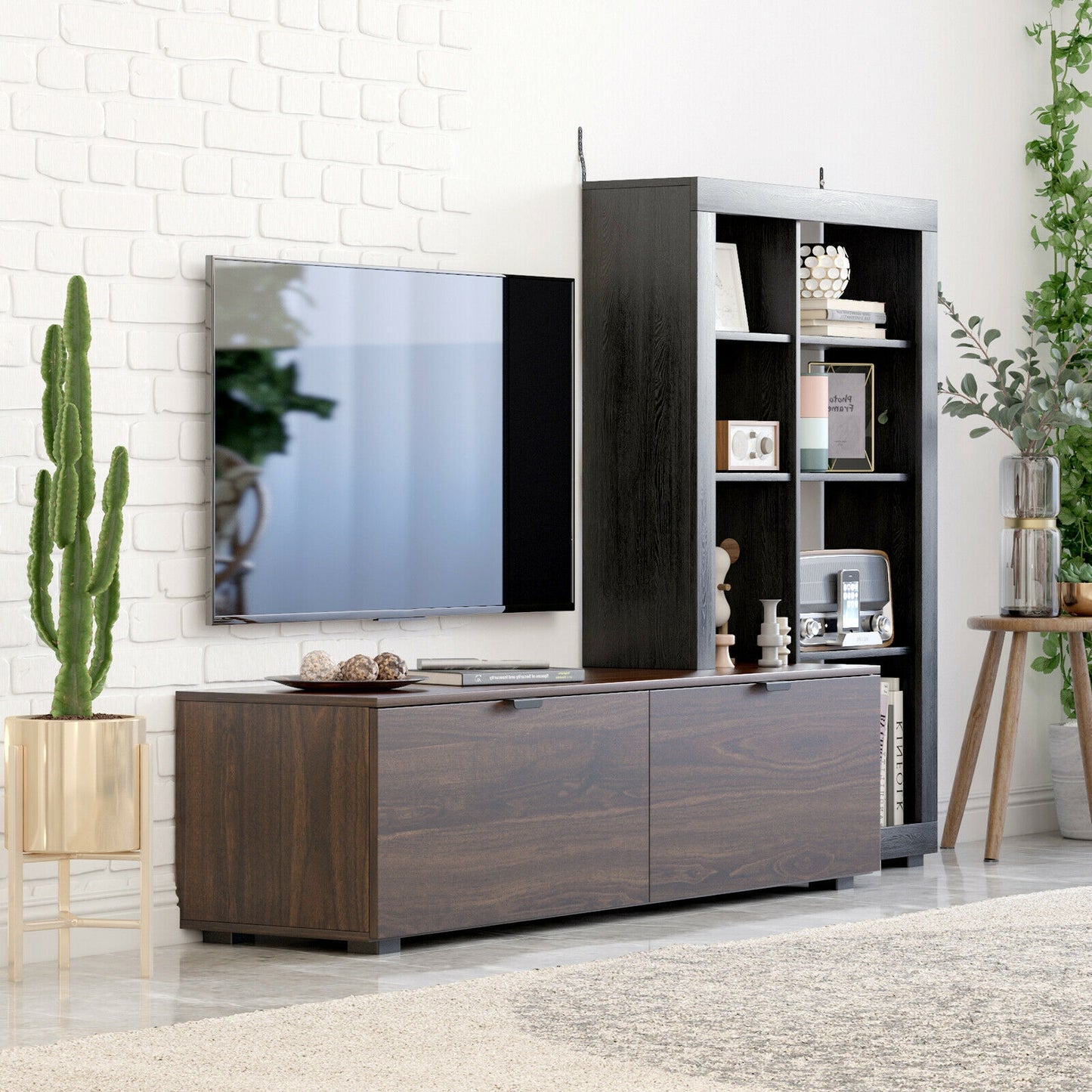 2 in 1 Media Console with TV Stand and Spacious 4 Tier Bookshelf for 50 Inch TVs