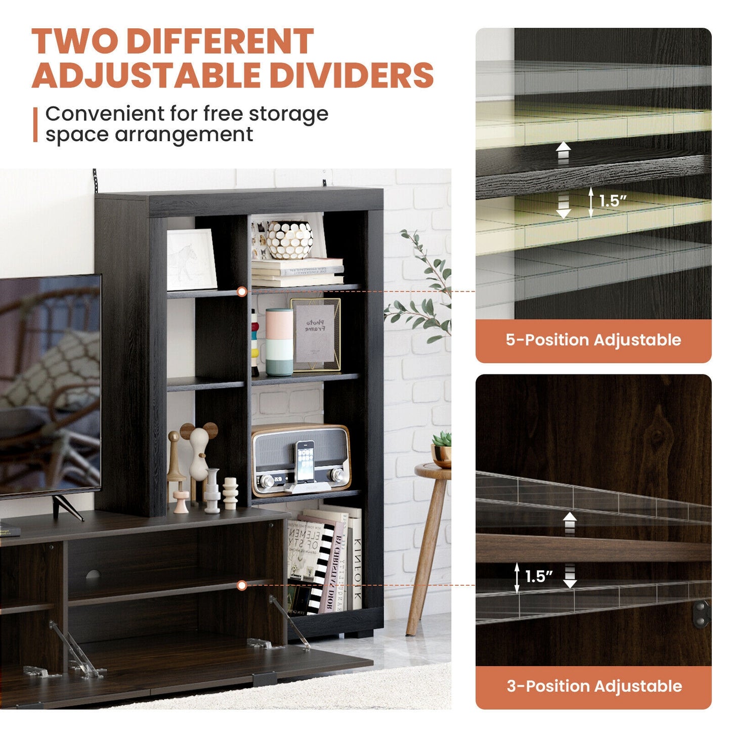 2 in 1 Media Console with TV Stand and Spacious 4 Tier Bookshelf for 50 Inch TVs