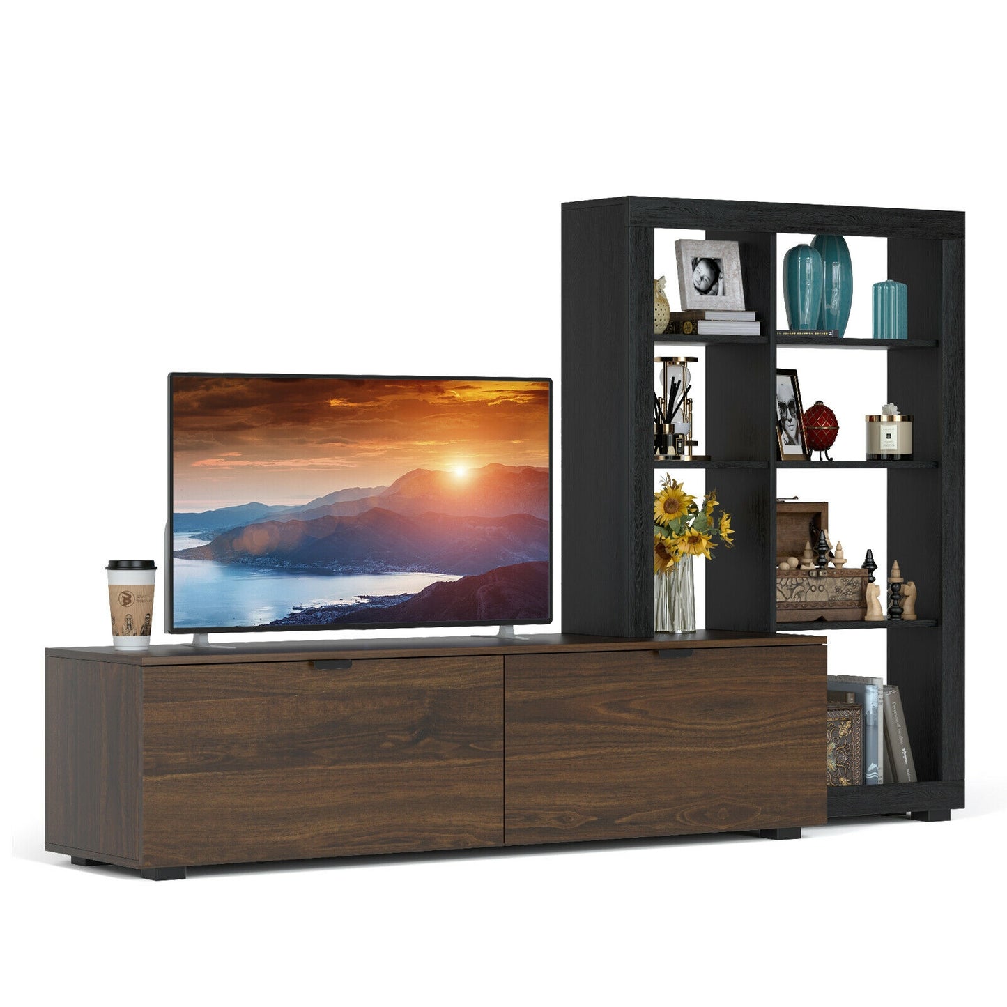 2 in 1 Media Console with TV Stand and Spacious 4 Tier Bookshelf for 50 Inch TVs