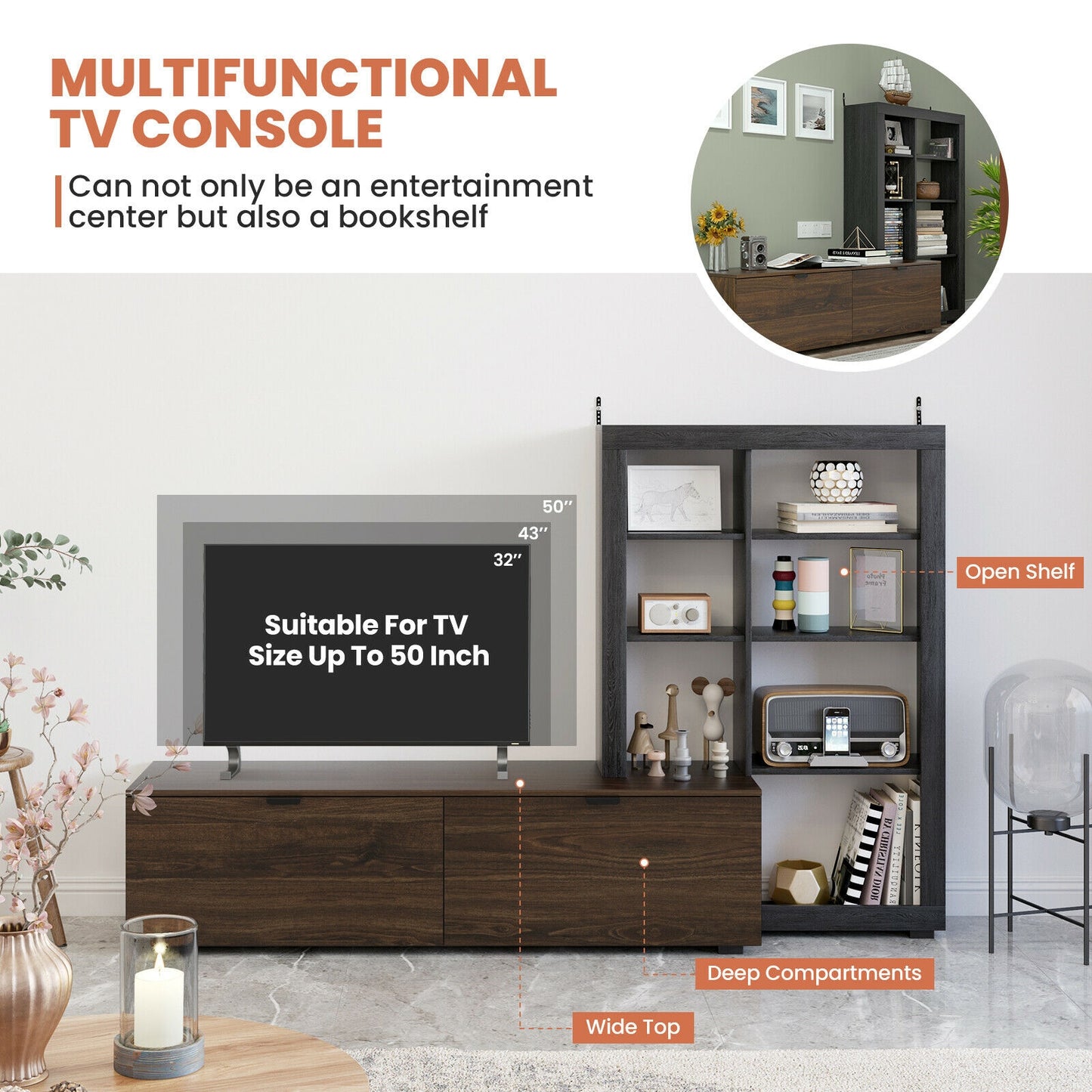 2 in 1 Media Console with TV Stand and Spacious 4 Tier Bookshelf for 50 Inch TVs