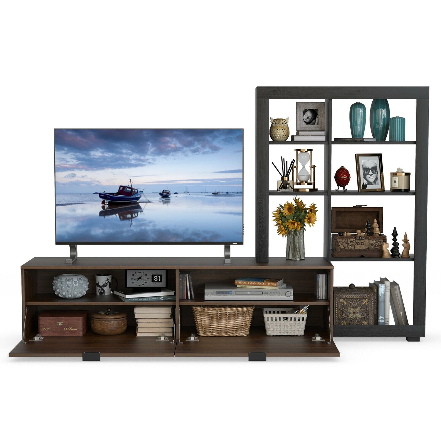 2 in 1 Media Console with TV Stand and Spacious 4 Tier Bookshelf for 50 Inch TVs