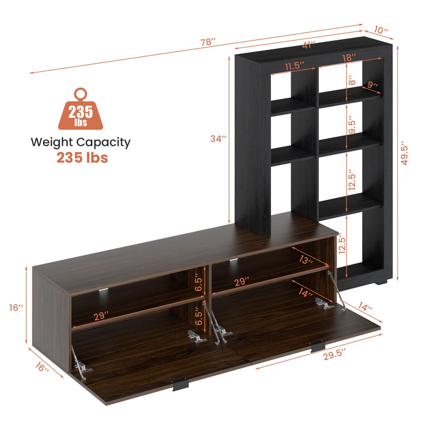 2 in 1 Media Console with TV Stand and Spacious 4 Tier Bookshelf for 50 Inch TVs