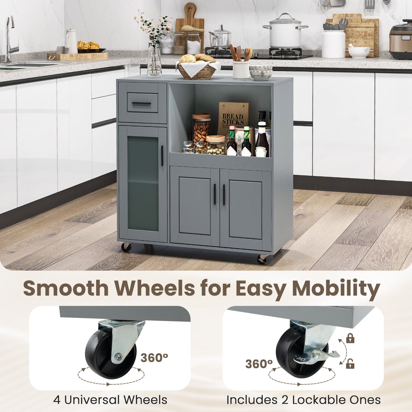 Mobile Kitchen Island Cart with Drawer Storage Glass Cabinet and Locking Wheels