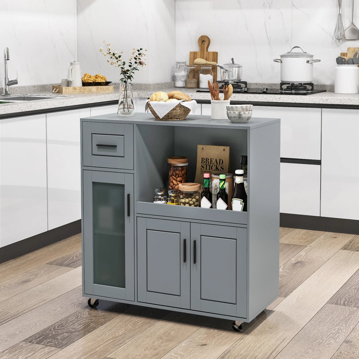 Mobile Kitchen Island Cart with Drawer Storage Glass Cabinet and Locking Wheels