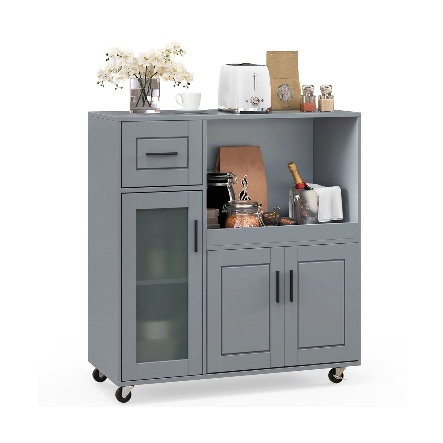 Mobile Kitchen Island Cart with Drawer Storage Glass Cabinet and Locking Wheels