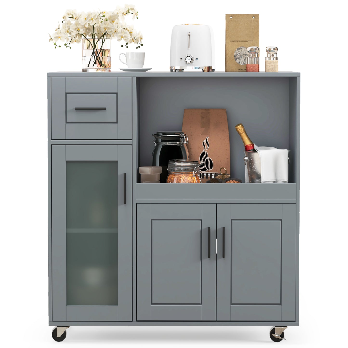 Mobile Kitchen Island Cart with Drawer Storage Glass Cabinet and Locking Wheels
