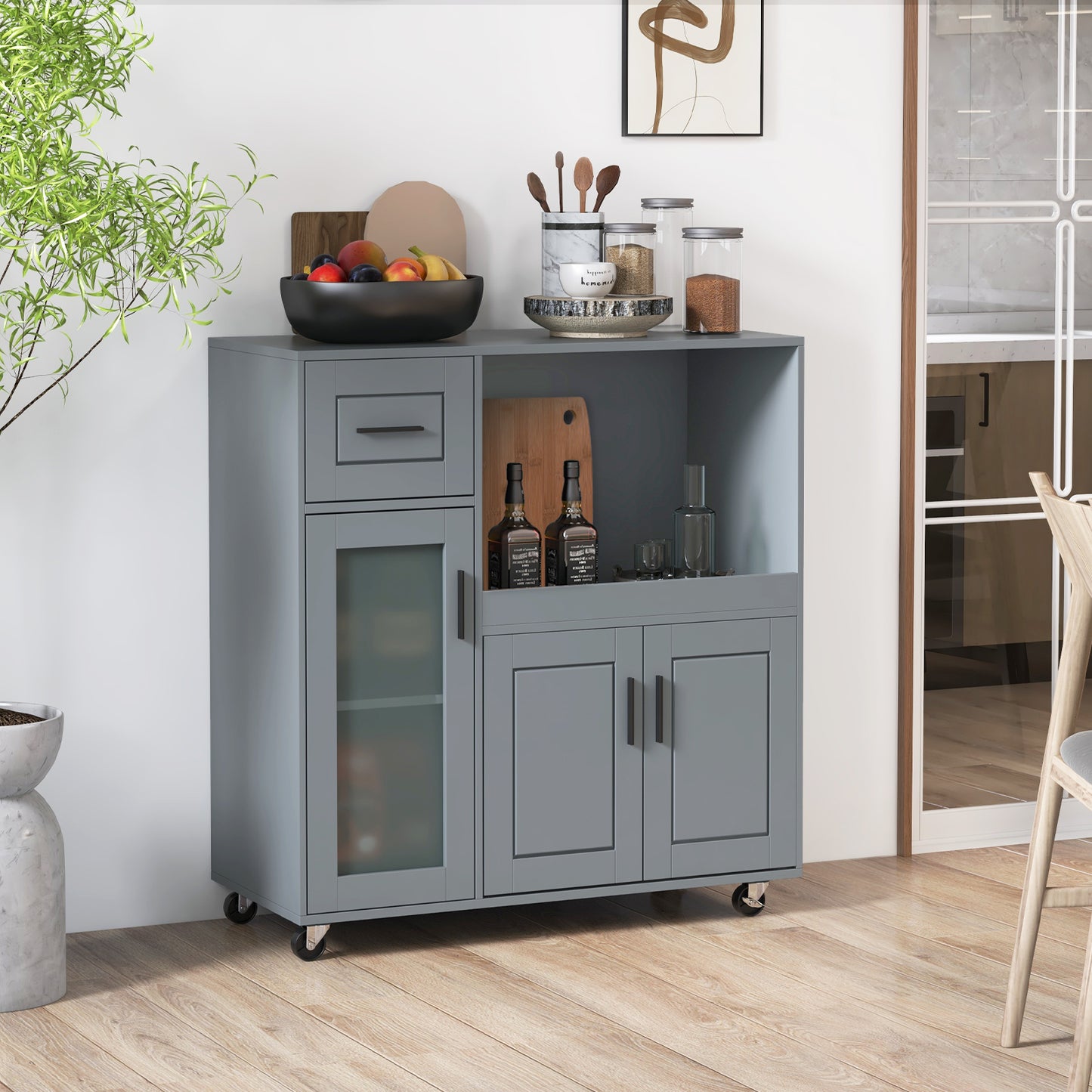 Mobile Kitchen Island Cart with Drawer Storage Glass Cabinet and Locking Wheels