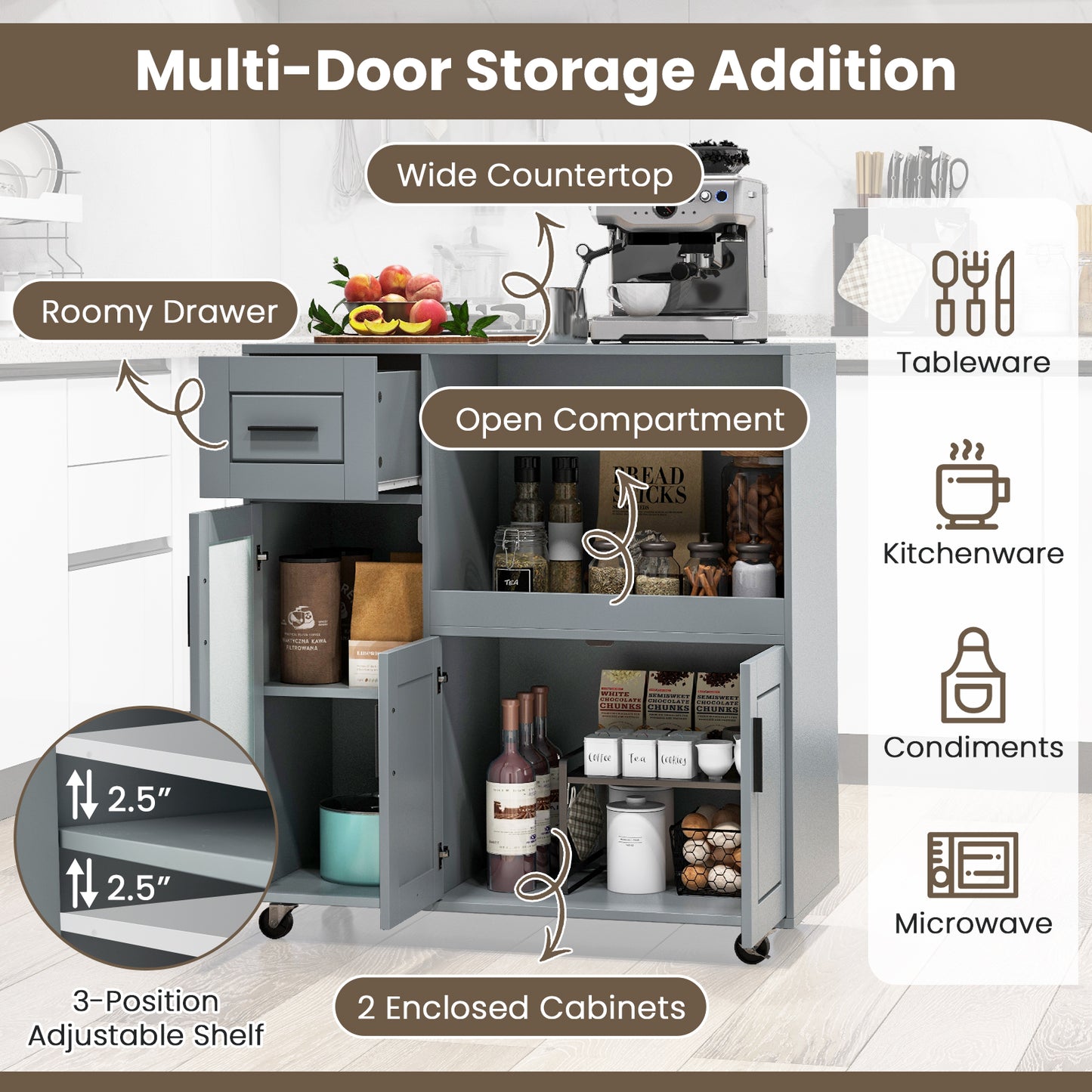 Mobile Kitchen Island Cart with Drawer Storage Glass Cabinet and Locking Wheels