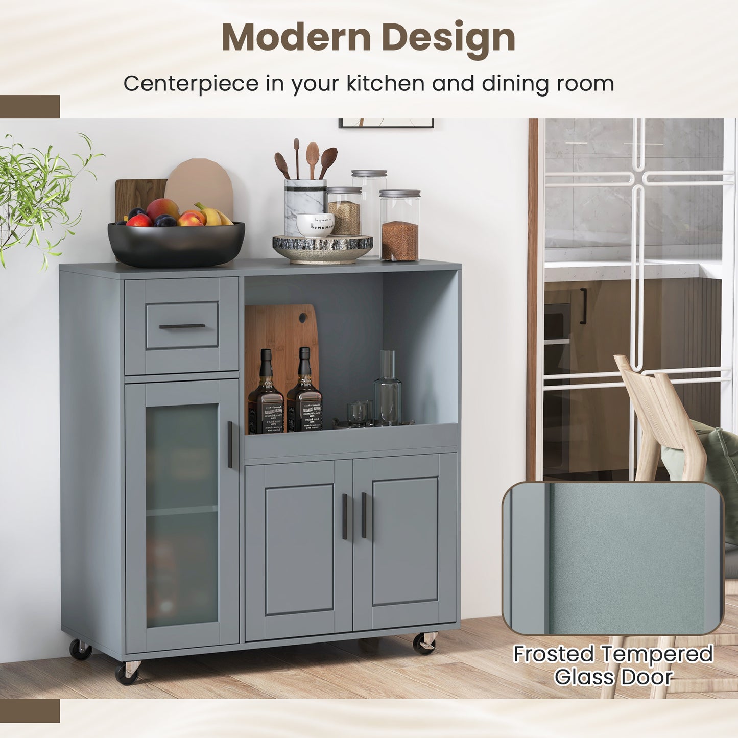 Mobile Kitchen Island Cart with Drawer Storage Glass Cabinet and Locking Wheels